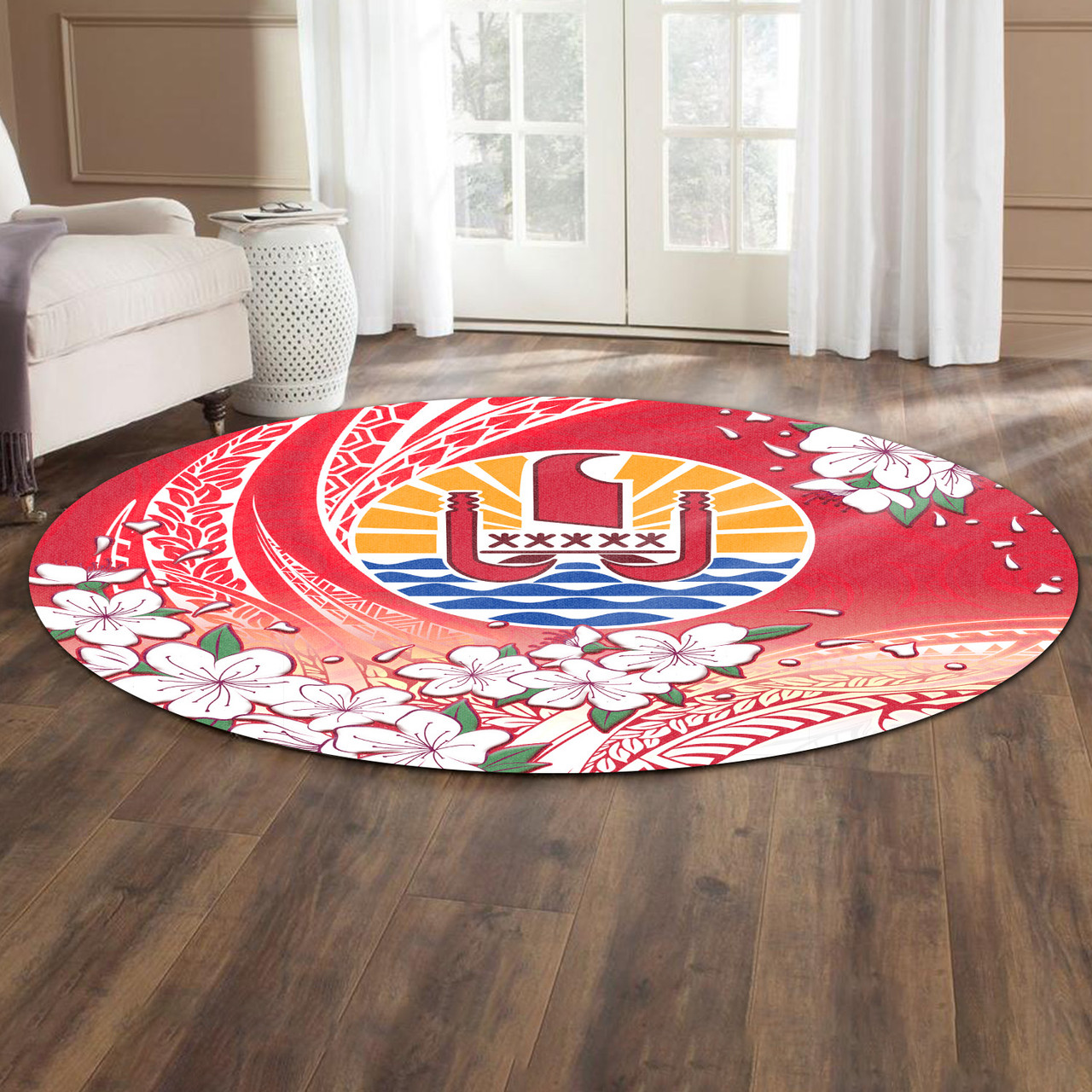 Tahiti Round Rug Polynesian Pattern Style White Flowers