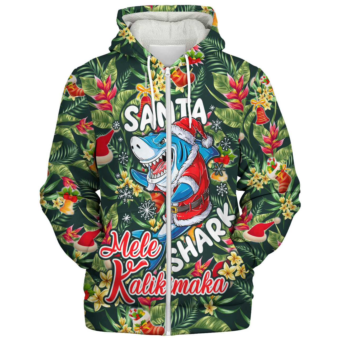 Hawaii Sherpa Hoodie Mele Kalikimaka Santa Shark Tropical Style