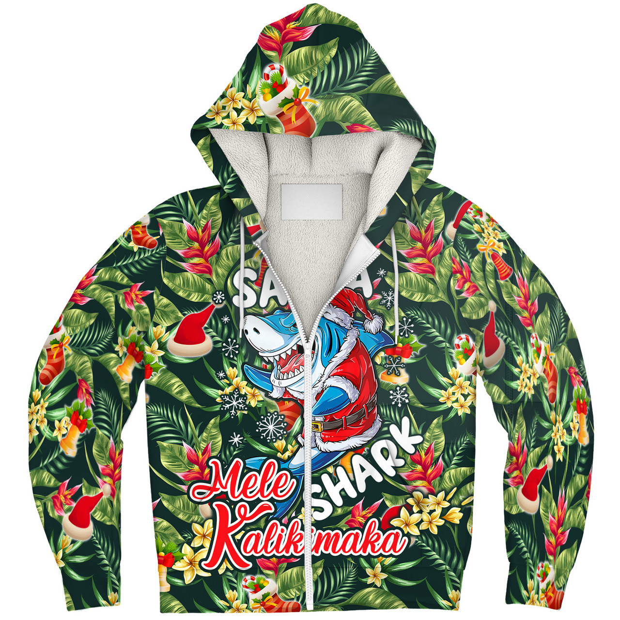 Hawaii Sherpa Hoodie Mele Kalikimaka Santa Shark Tropical Style