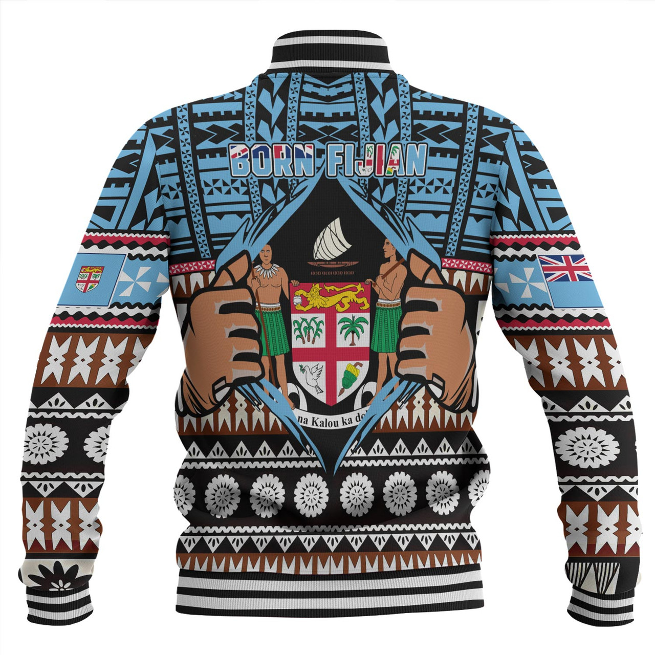 Fiji Baseball Jacket Born Fijian Masi Traditional Pattern Pacific Tribal Art