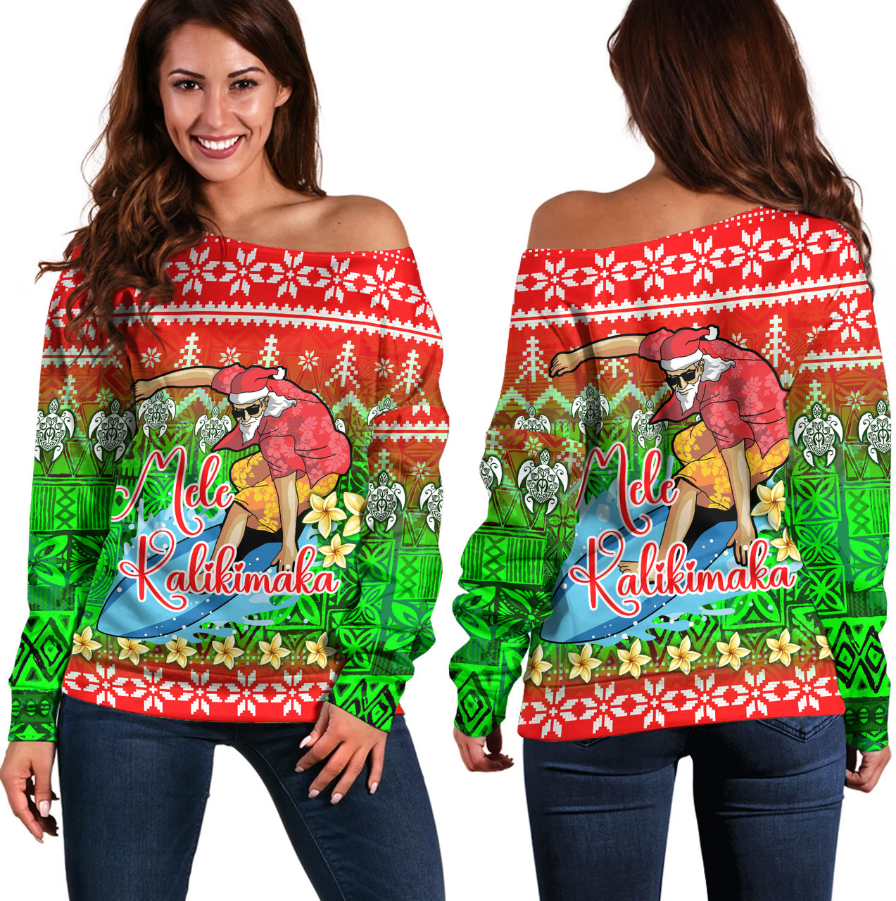 Hawaii Off Shoulder Sweatshirt Santa Surfing Mele Kalikimaka Style