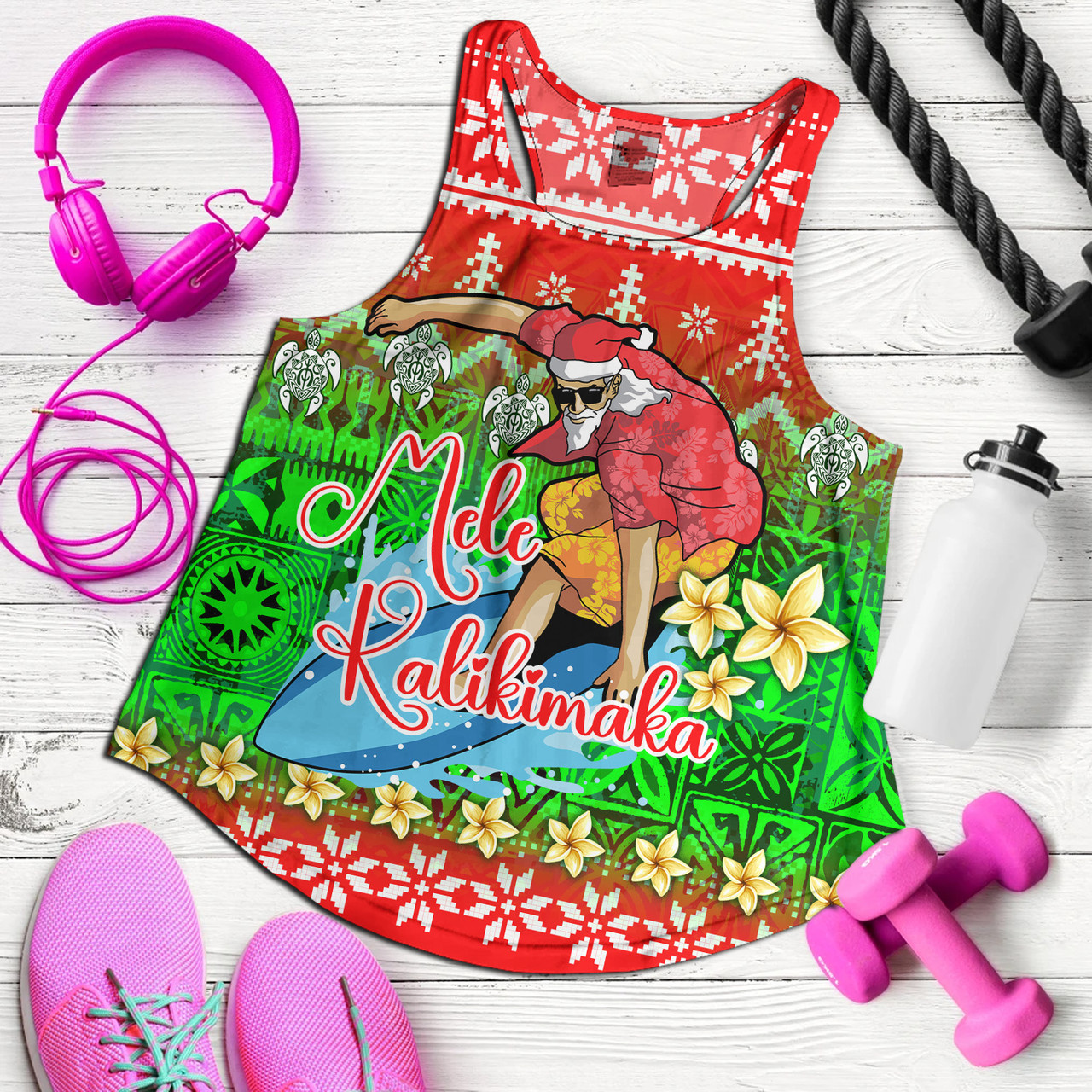 Hawaii Women Tank Santa Surfing Mele Kalikimaka Style