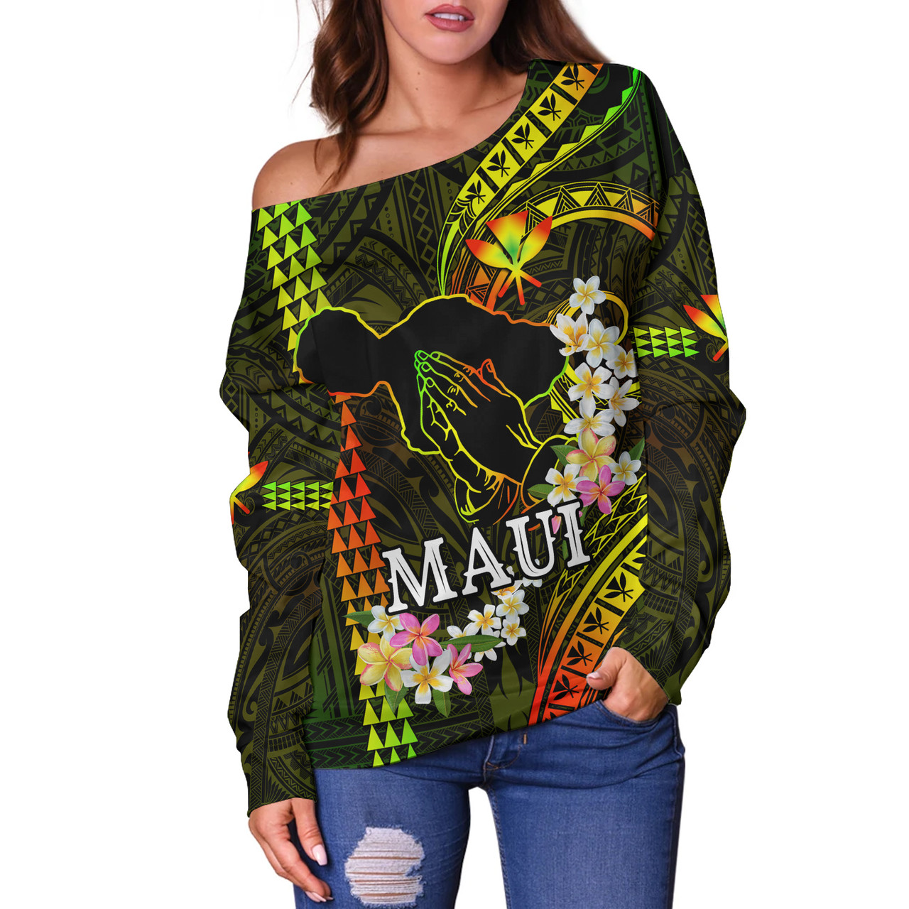 Hawaii Off Shoulder Sweatshirt Pray For Maui Polynesian Pattern