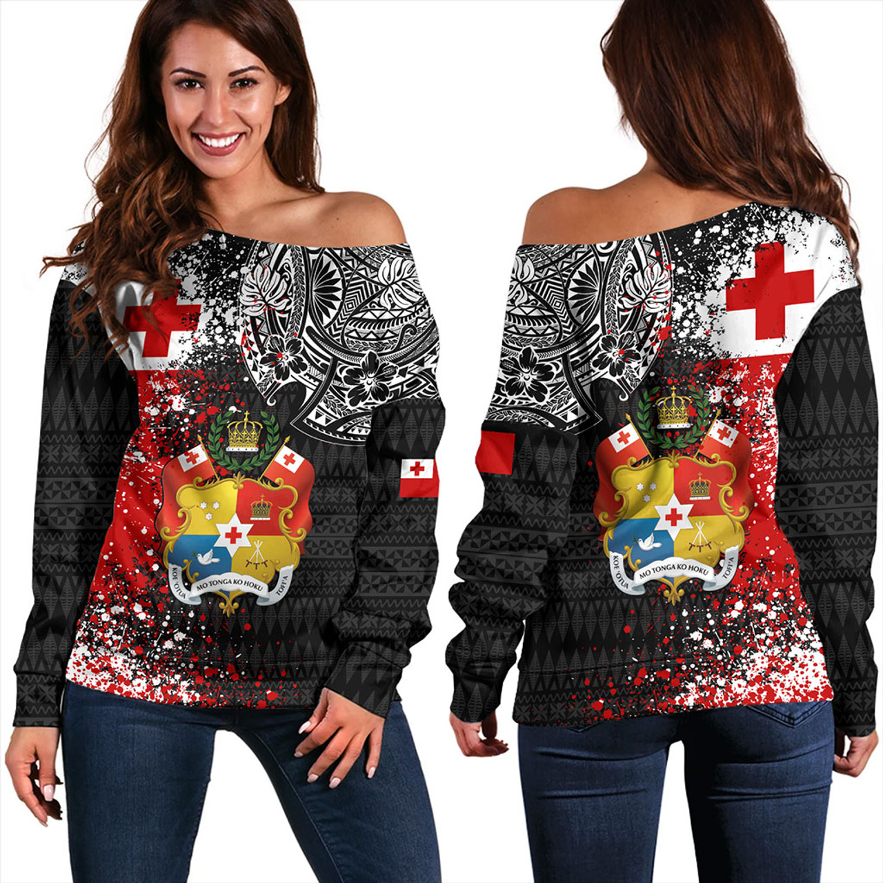 Tonga Off Shoulder Sweatshirt Flag Brush Paint Style