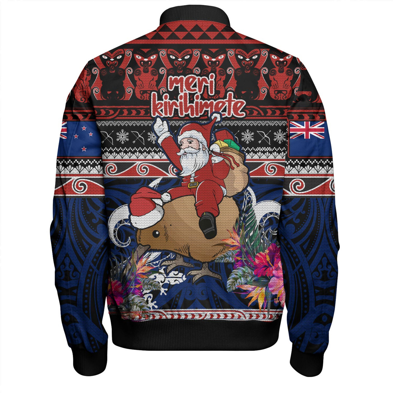 New Zealand Bomber Jacket Santa Riding Kiwi Bird Meri Kirihimete Ugly Christmas Maori Patterns