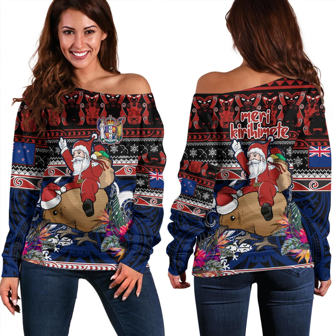 New Zealand Off Shoulder Sweatshirt Santa Riding Kiwi Bird Meri Kirihimete Ugly Christmas Maori Patterns