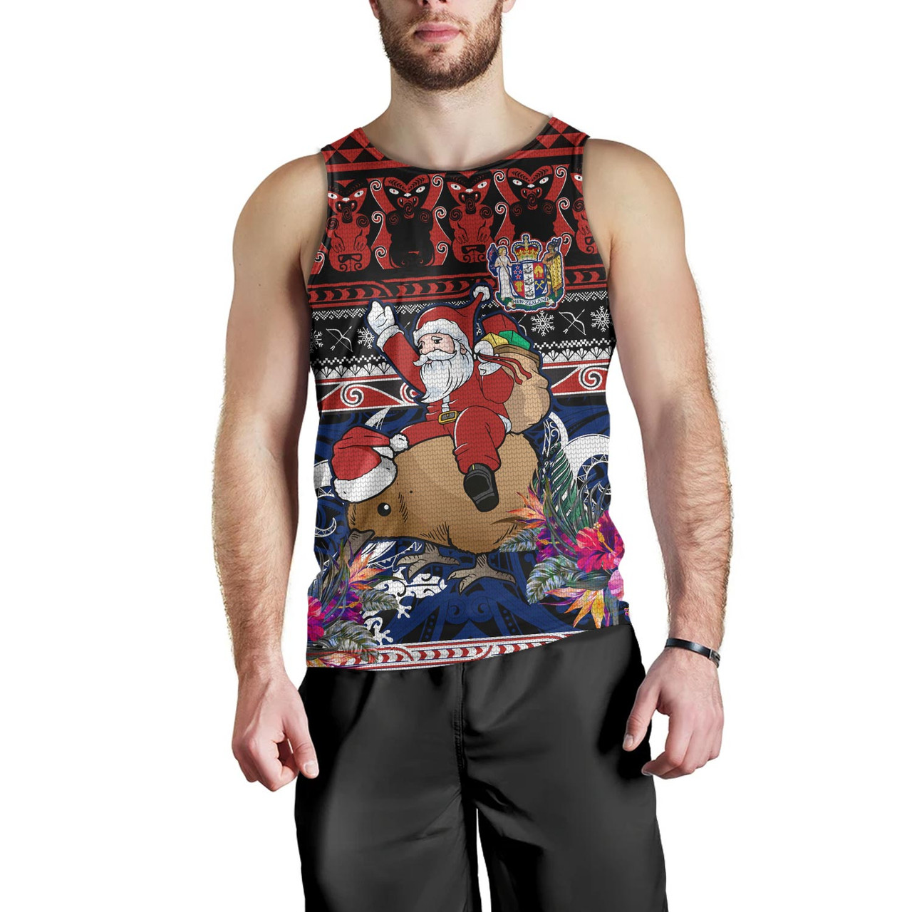 New Zealand Tank Top Santa Riding Kiwi Bird Meri Kirihimete Ugly Christmas Maori Patterns