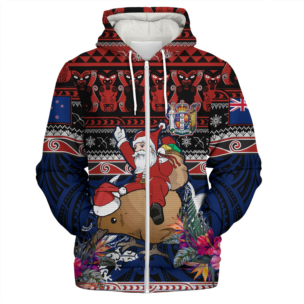 New Zealand Sherpa Hoodie Santa Riding Kiwi Bird Meri Kirihimete Ugly Christmas Maori Patterns