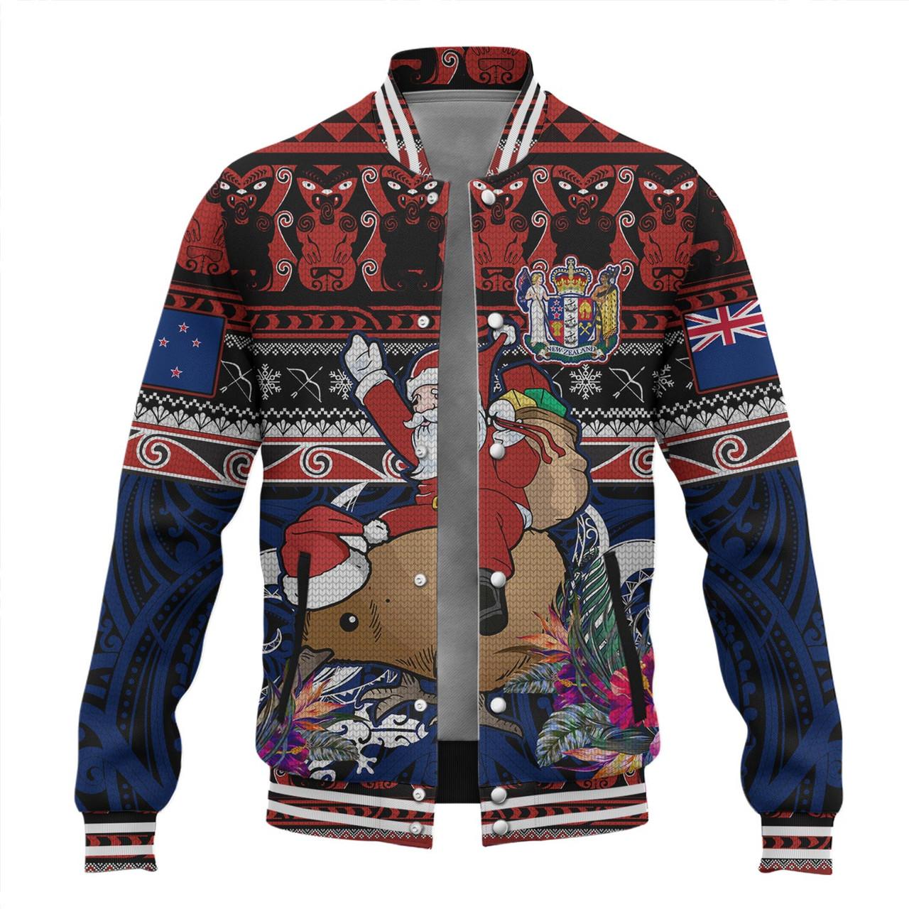 New Zealand Baseball Jacket Santa Riding Kiwi Bird Meri Kirihimete Ugly Christmas Maori Patterns