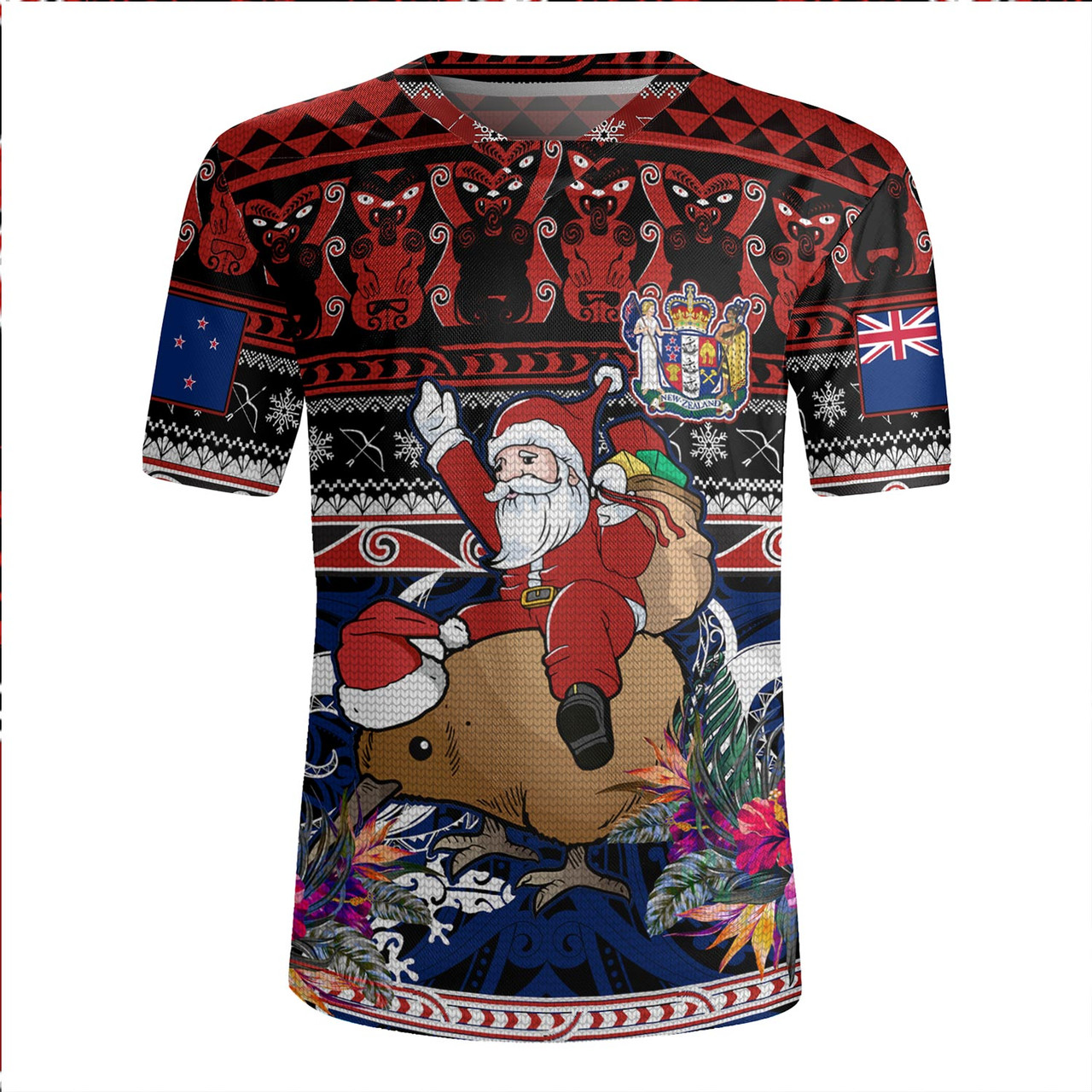 New Zealand Rugby Jersey Santa Riding Kiwi Bird Meri Kirihimete Ugly Christmas Maori Patterns