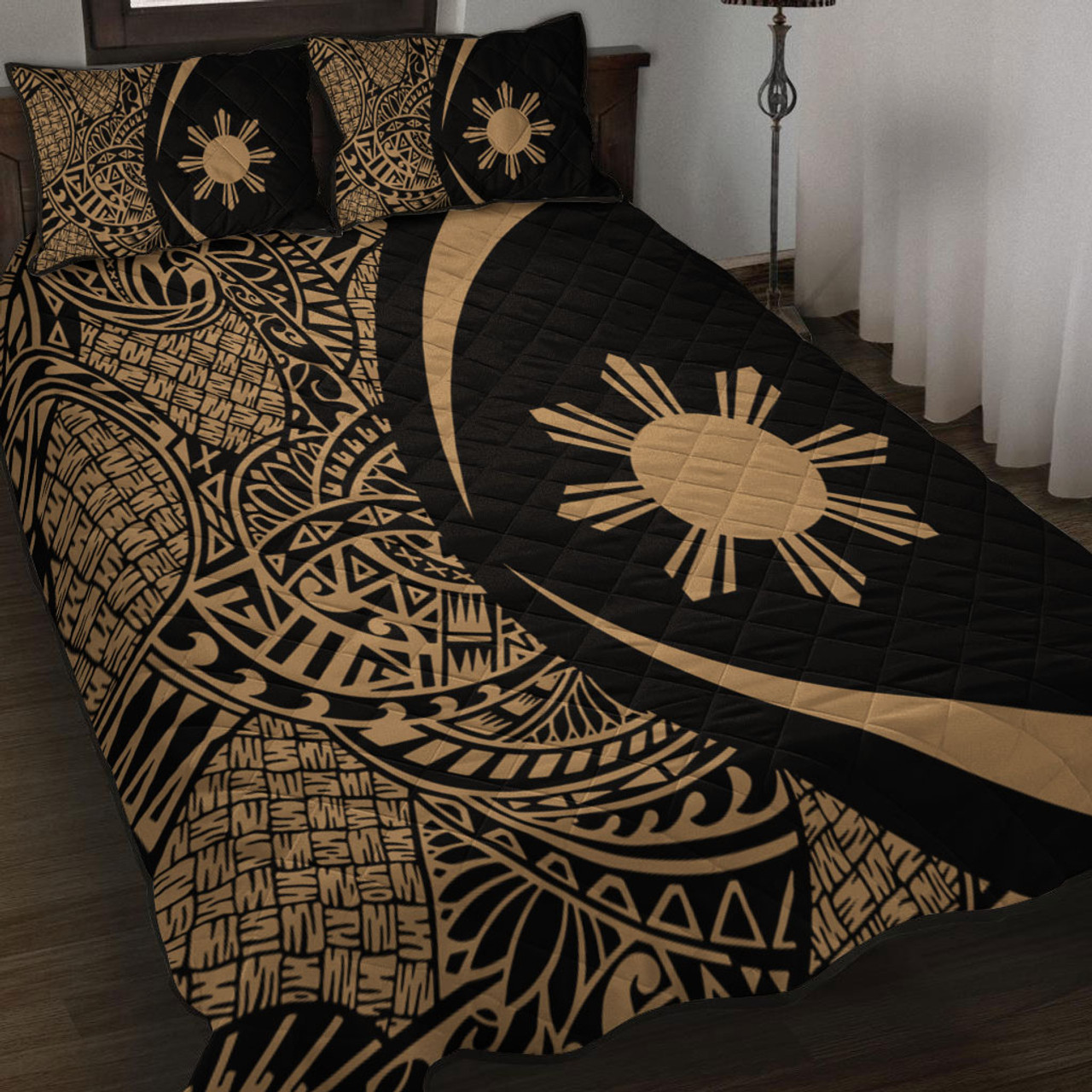 Philippines Filipinos Quilt Bed Set Lauhala Gold Circle Style