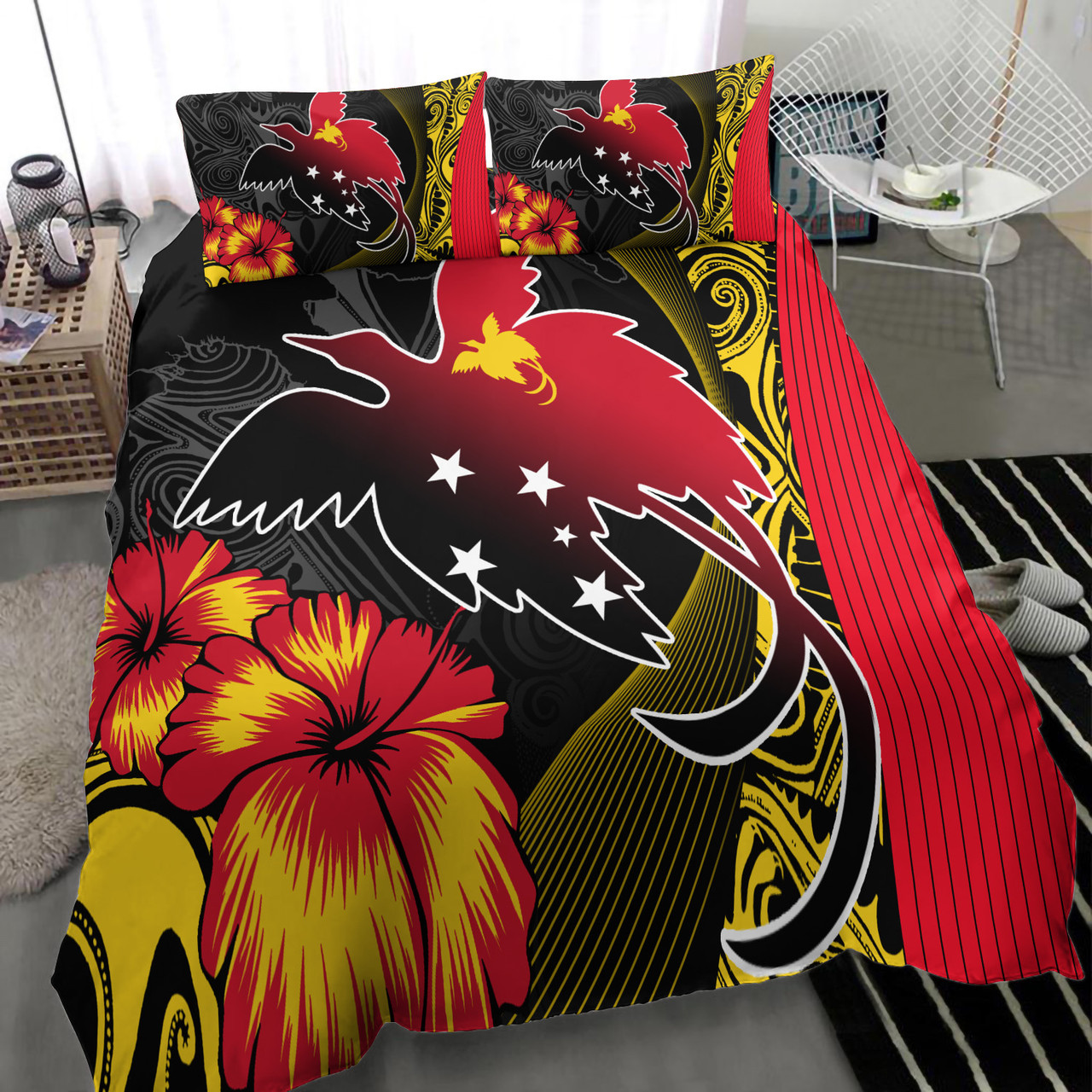 Papua New Guinea Bedding Set Paradise Bird With Tribal Pattern