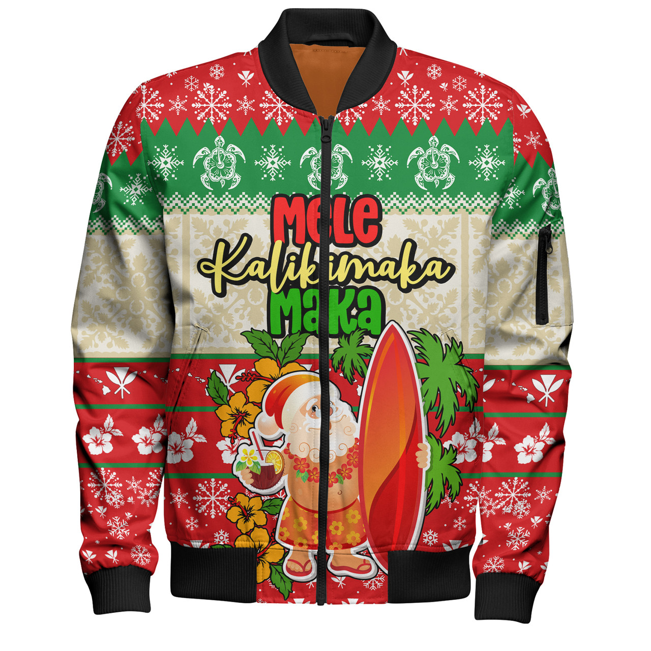 Hawaii Bomber Jacket Christmas Santa Claus Surfing Kanaka Maoli Pattern