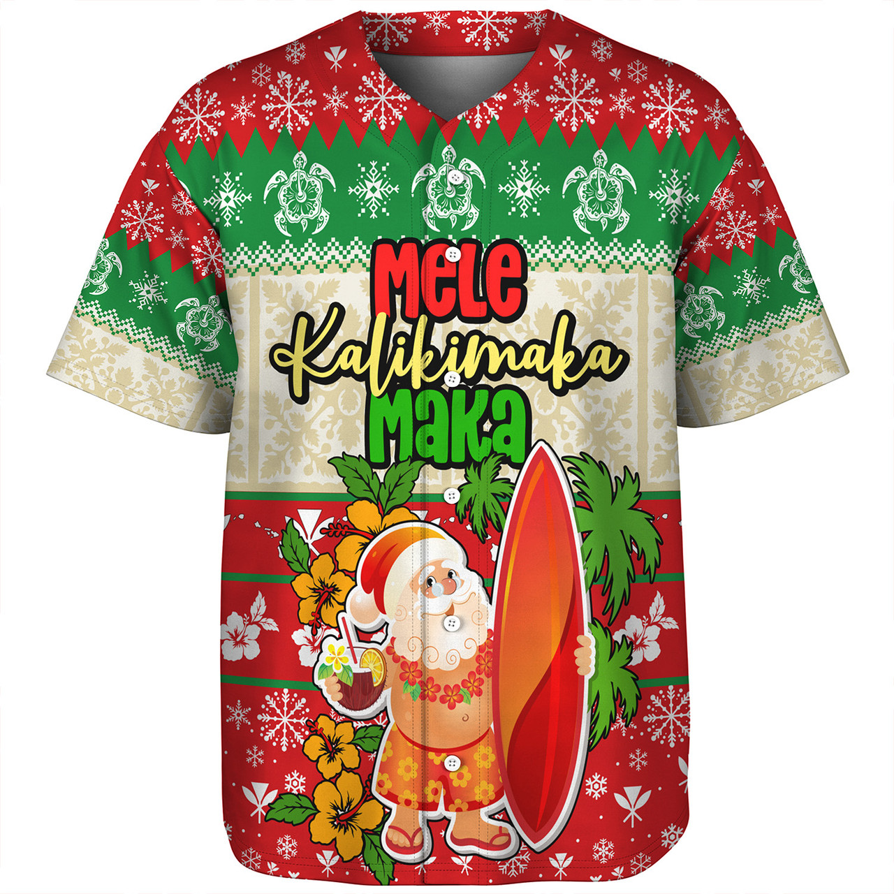 Hawaii Baseball Shirt Christmas Santa Claus Surfing Kanaka Maoli Pattern