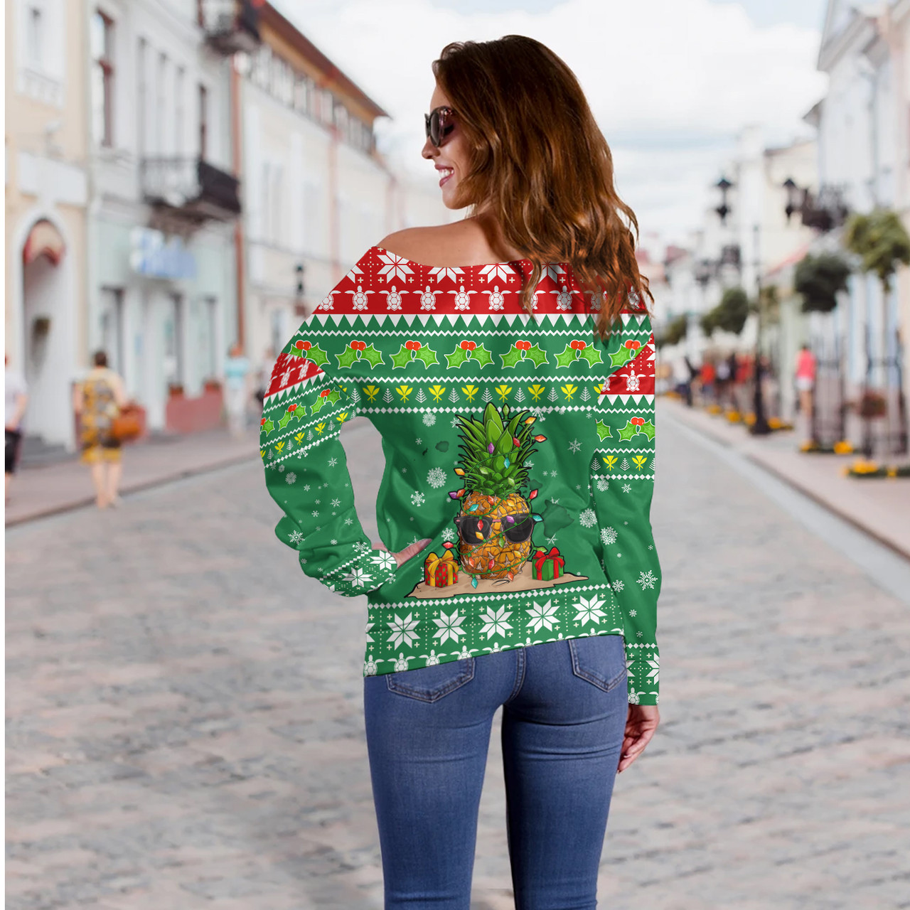 Hawaii Off Shoulder Sweatshirt Pineapple Christmas Tree Kanaka Maoli Pattern