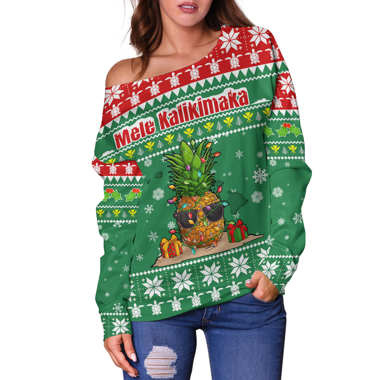 Hawaii Off Shoulder Sweatshirt Pineapple Christmas Tree Kanaka Maoli Pattern