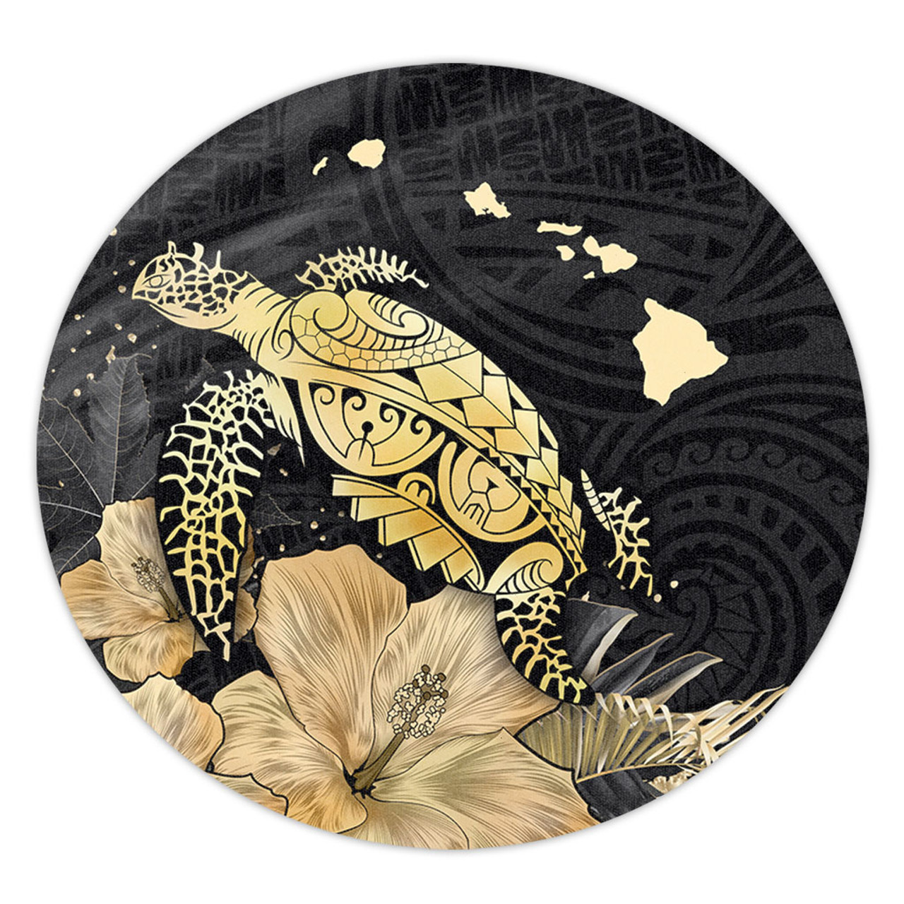 Hawaii Round Rug Turtle Hibiscus Gold