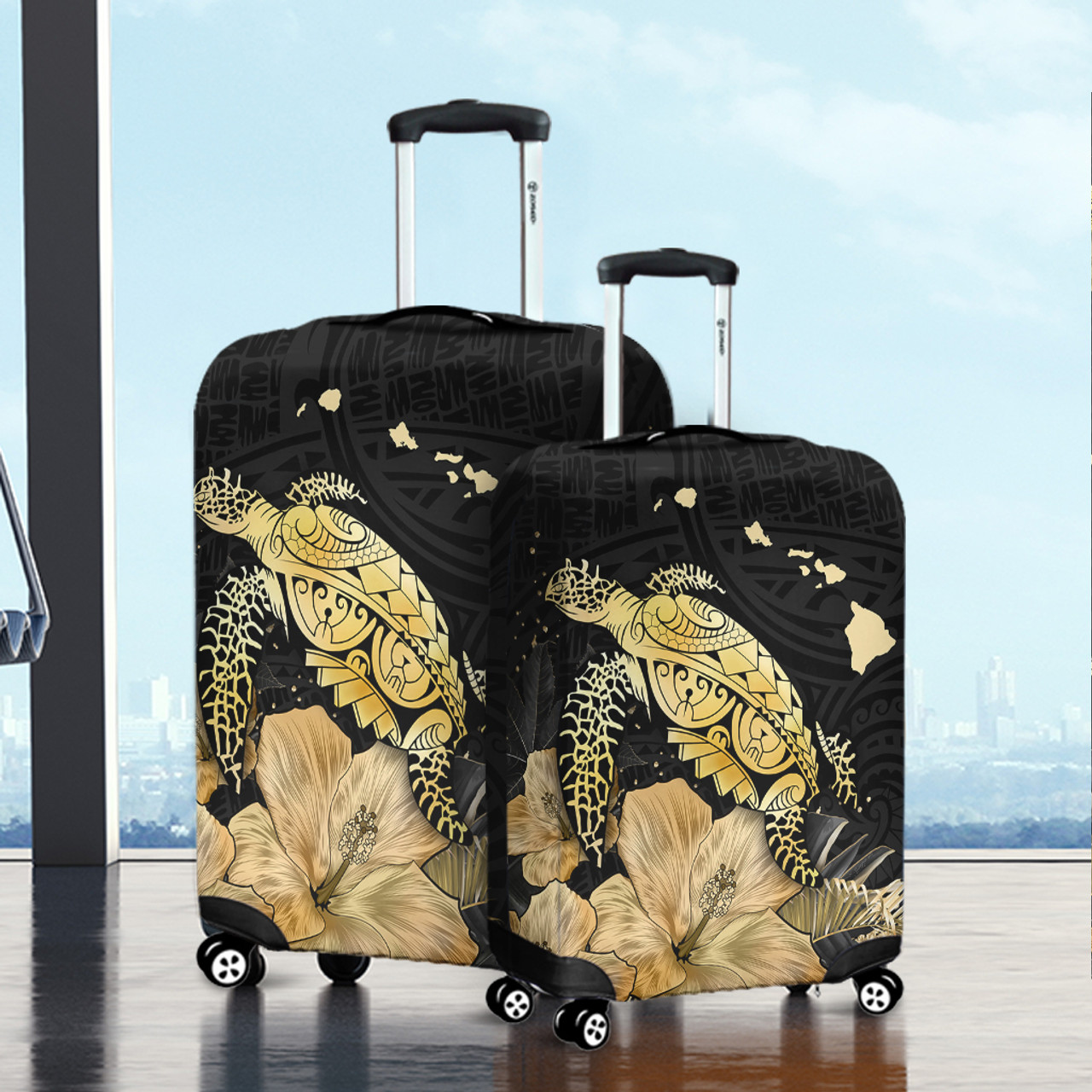 Hawaii Luggage Cover Turtle Hibiscus Gold
