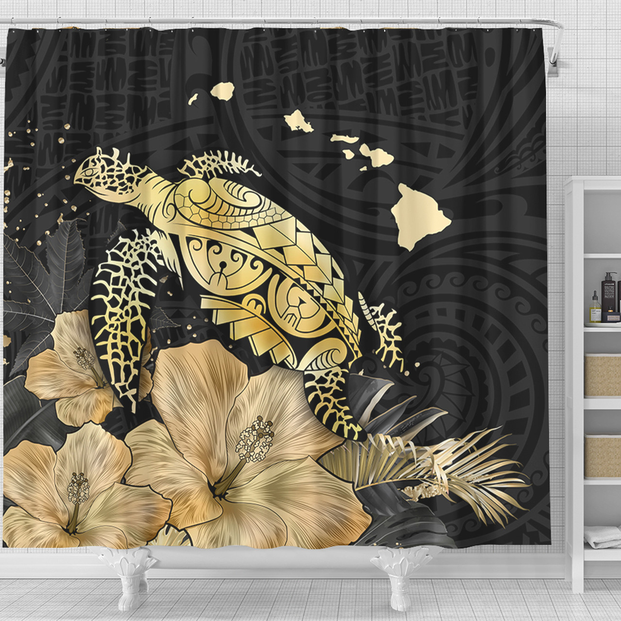Hawaii Shower Curtain Turtle Hibiscus Gold