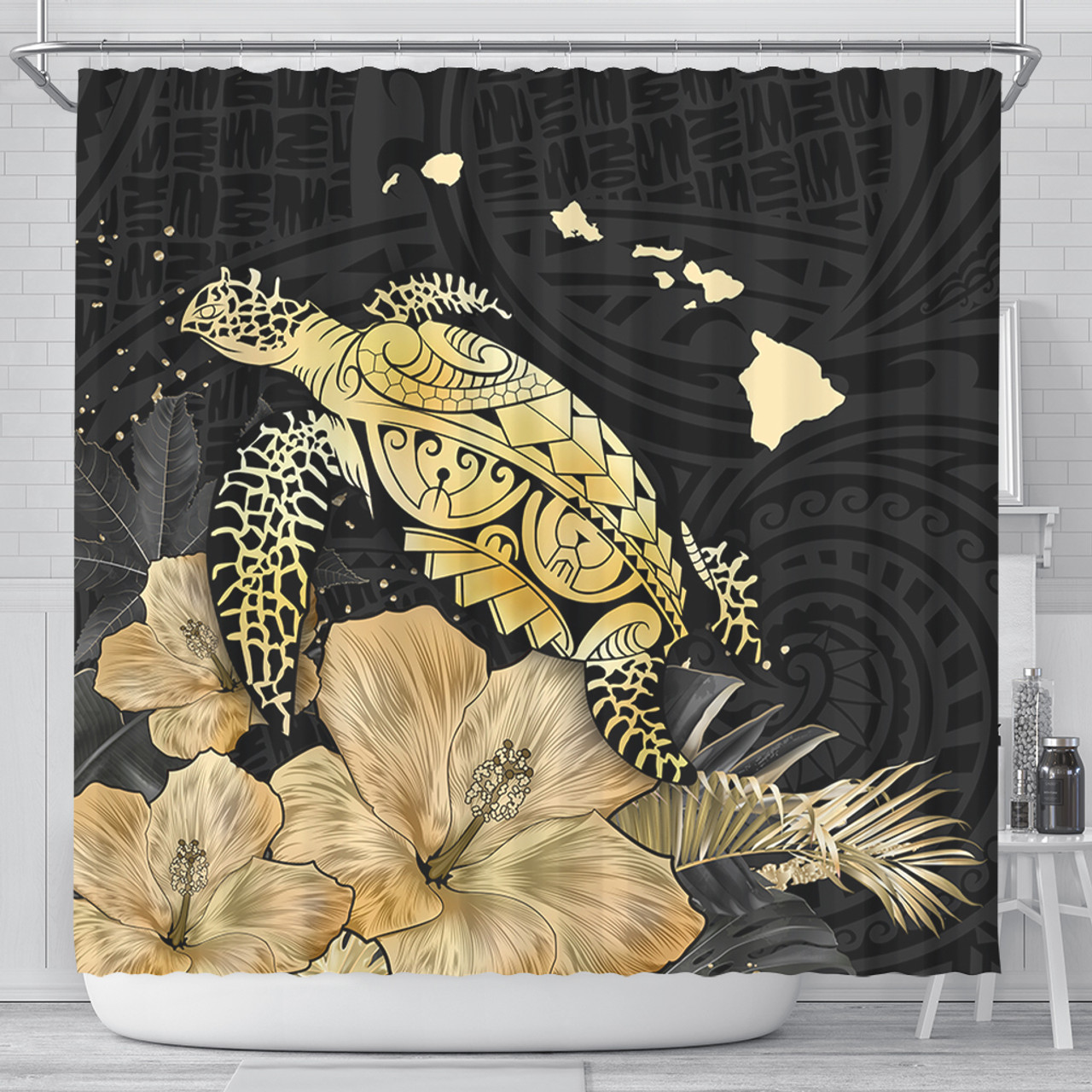 Hawaii Shower Curtain Turtle Hibiscus Gold