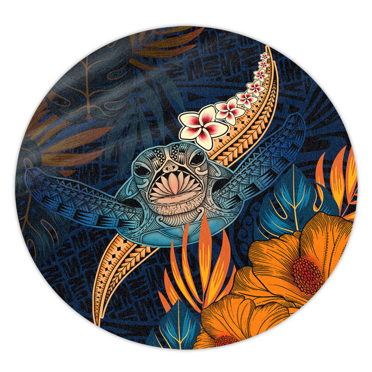 Hawaii Round Rug Turtle Design With Hibiscus Tropical Style