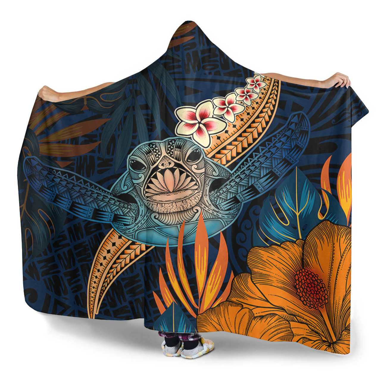 Hawaii Hooded Blanket Turtle Design With Hibiscus Tropical Style