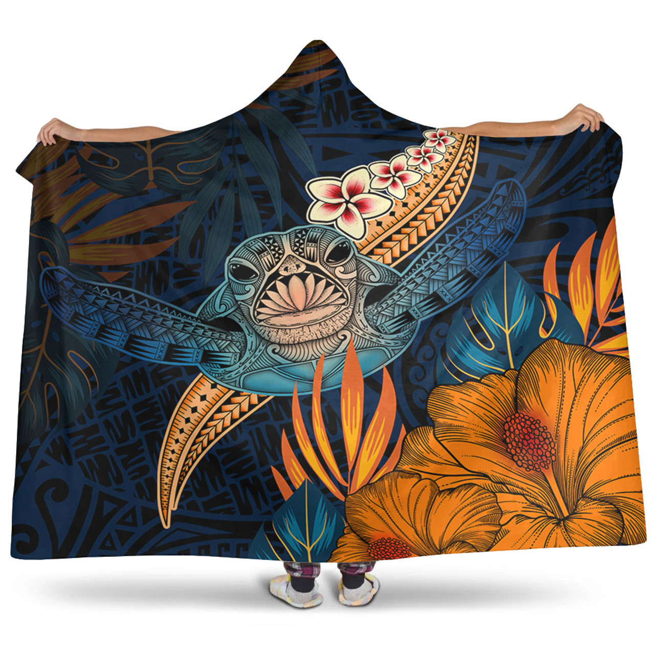 Hawaii Hooded Blanket Turtle Design With Hibiscus Tropical Style