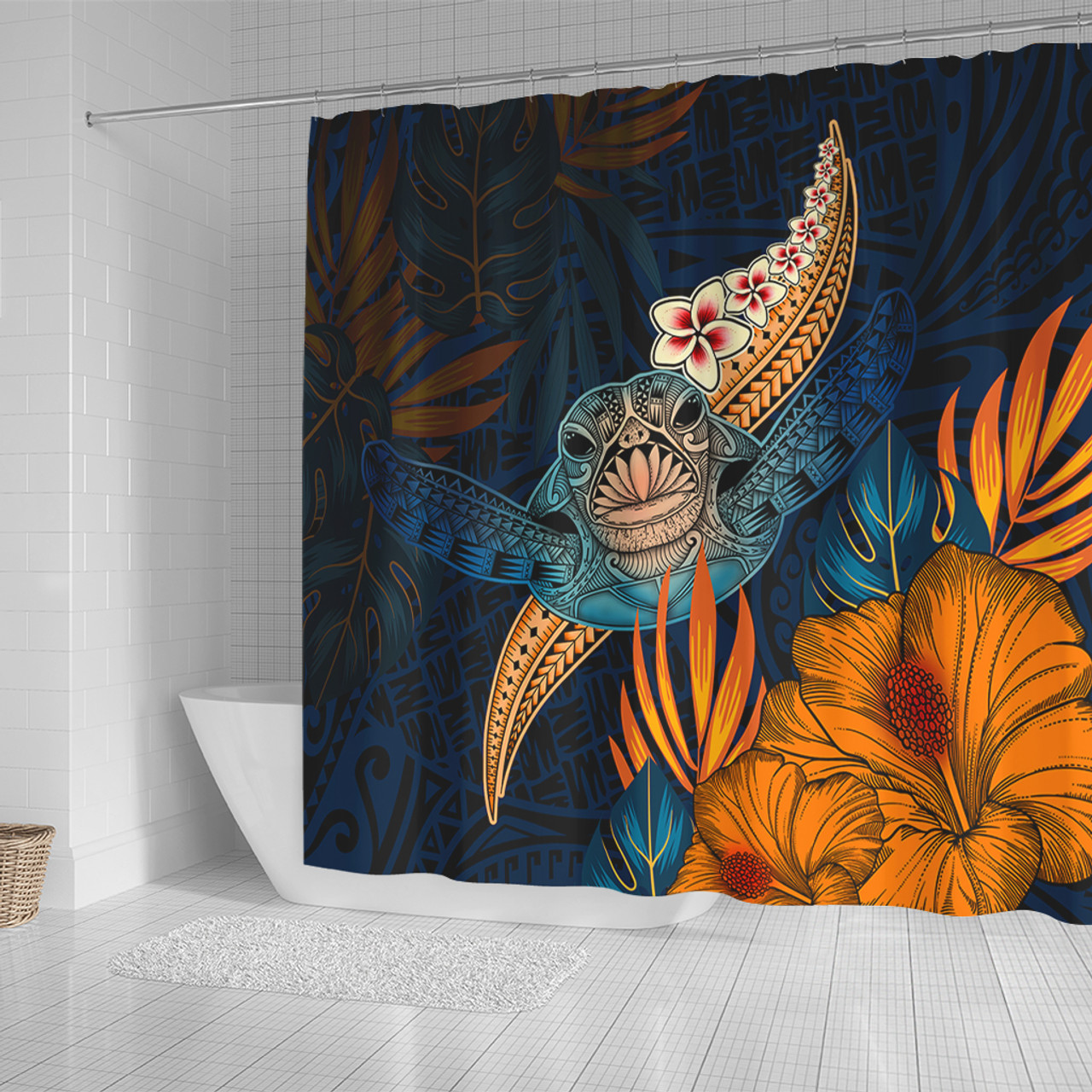 Hawaii Shower Curtain Turtle Design With Hibiscus Tropical Style