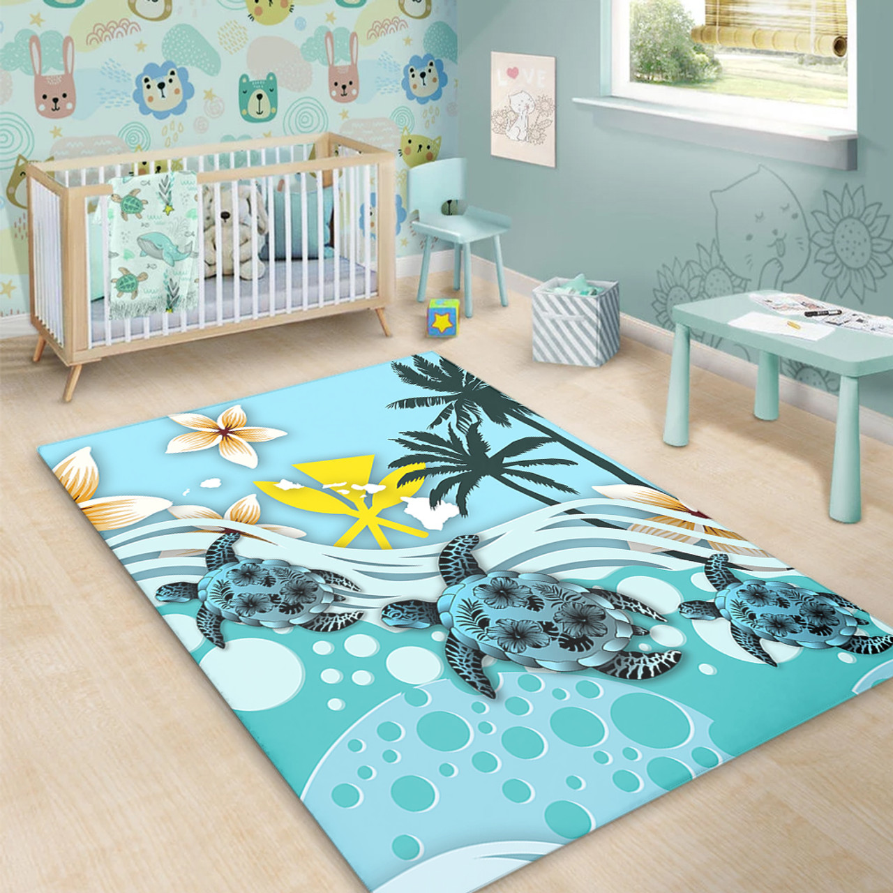 Hawaii Area Rug Kanaka Maoli Turte Blue Hibiscus