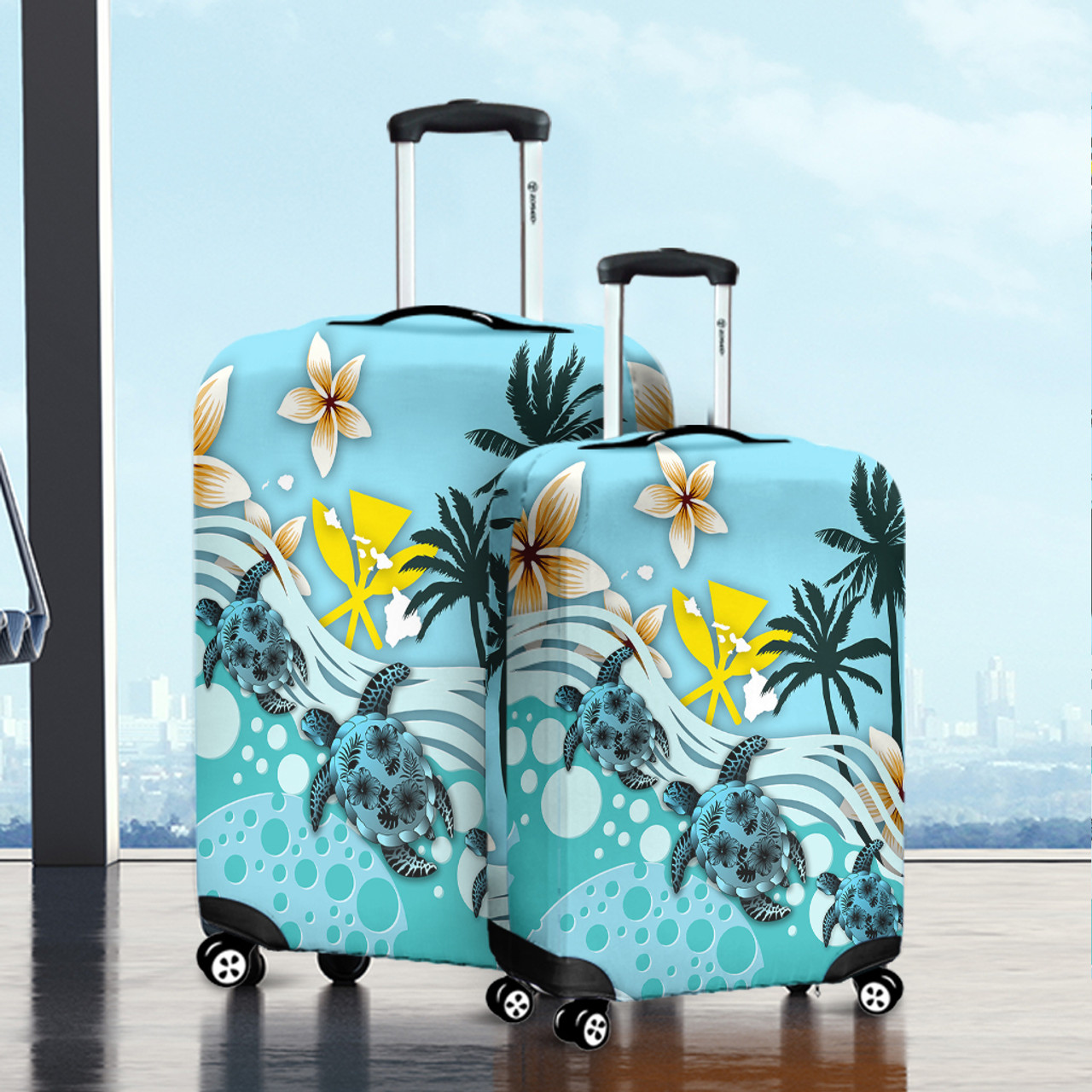 Hawaii Luggage Cover Kanaka Maoli Turte Blue Hibiscus