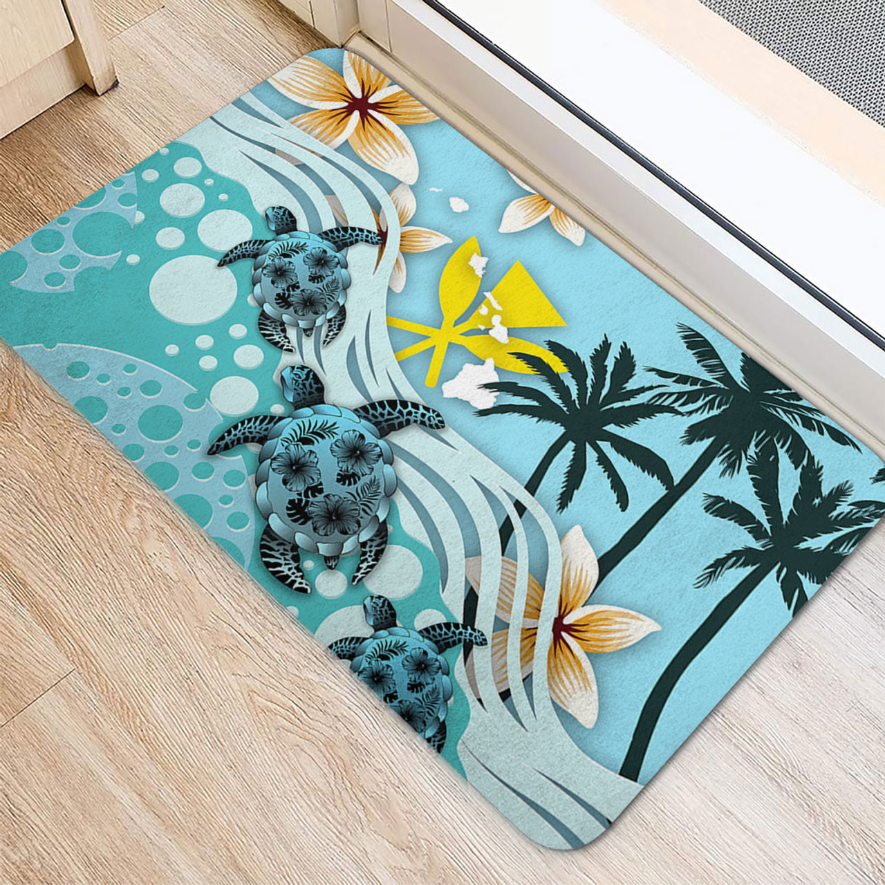 Hawaii Door Mat Kanaka Maoli Turte Blue Hibiscus