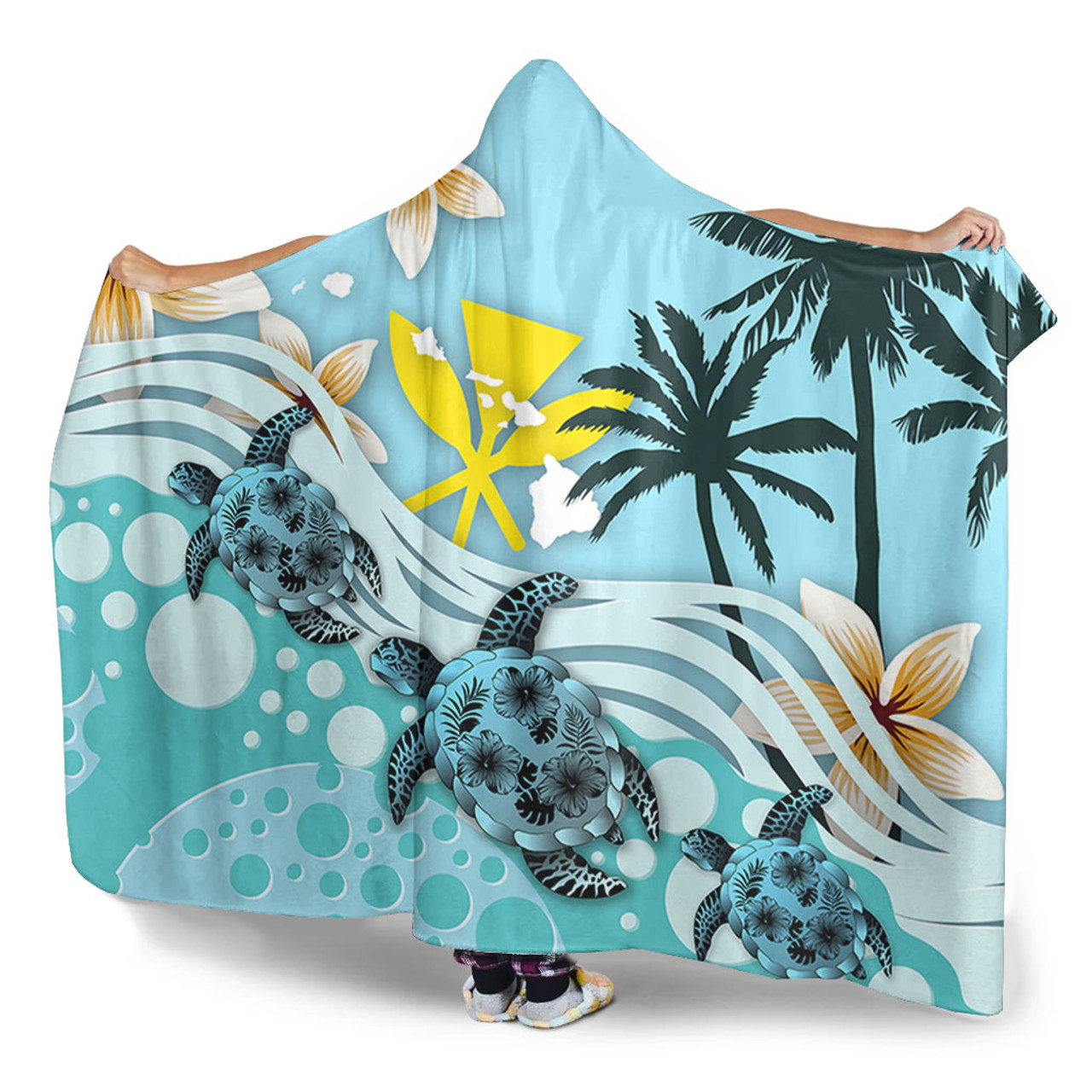 Hawaii Hooded Blanket Kanaka Maoli Turte Blue Hibiscus