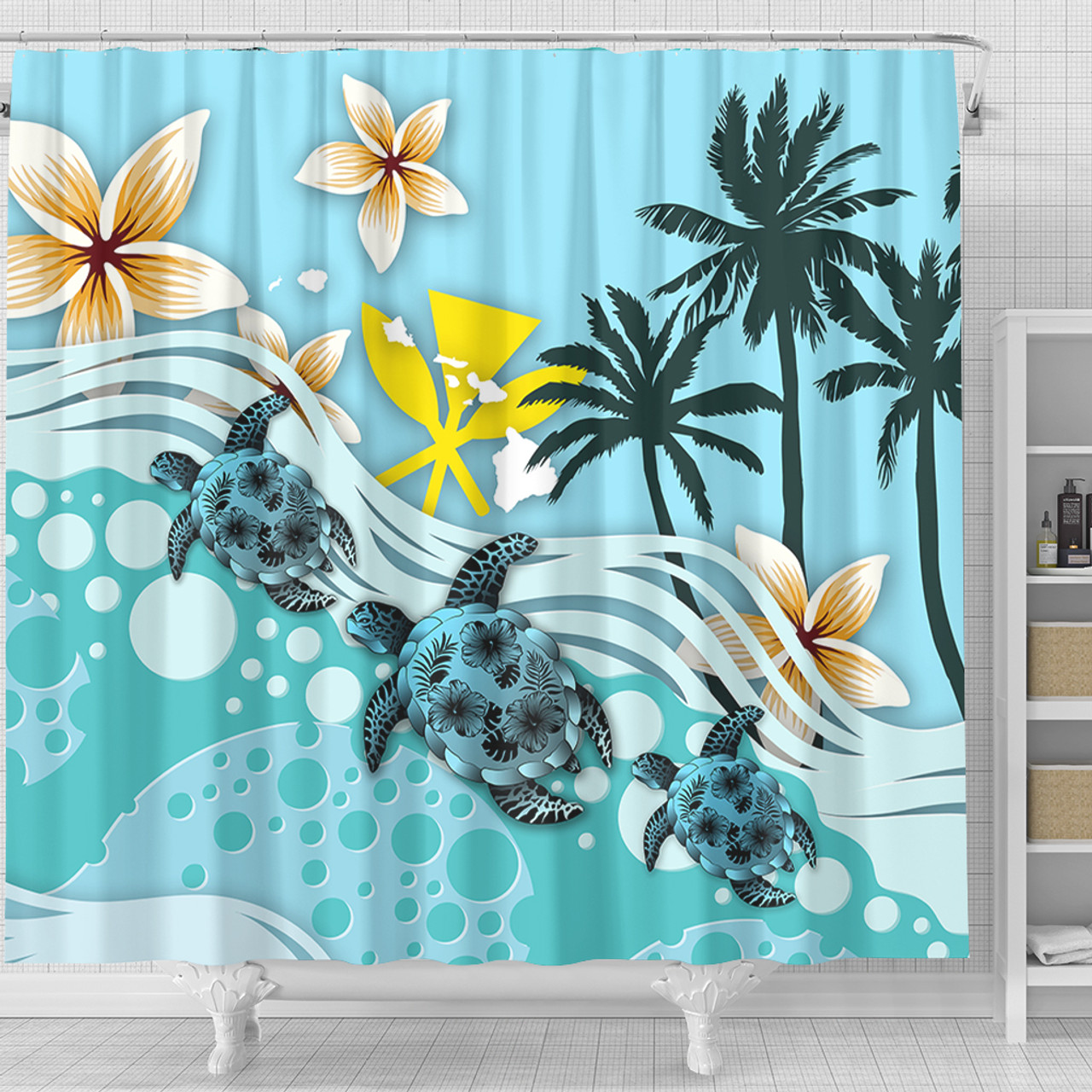 Hawaii Shower Curtain Kanaka Maoli Turte Blue Hibiscus