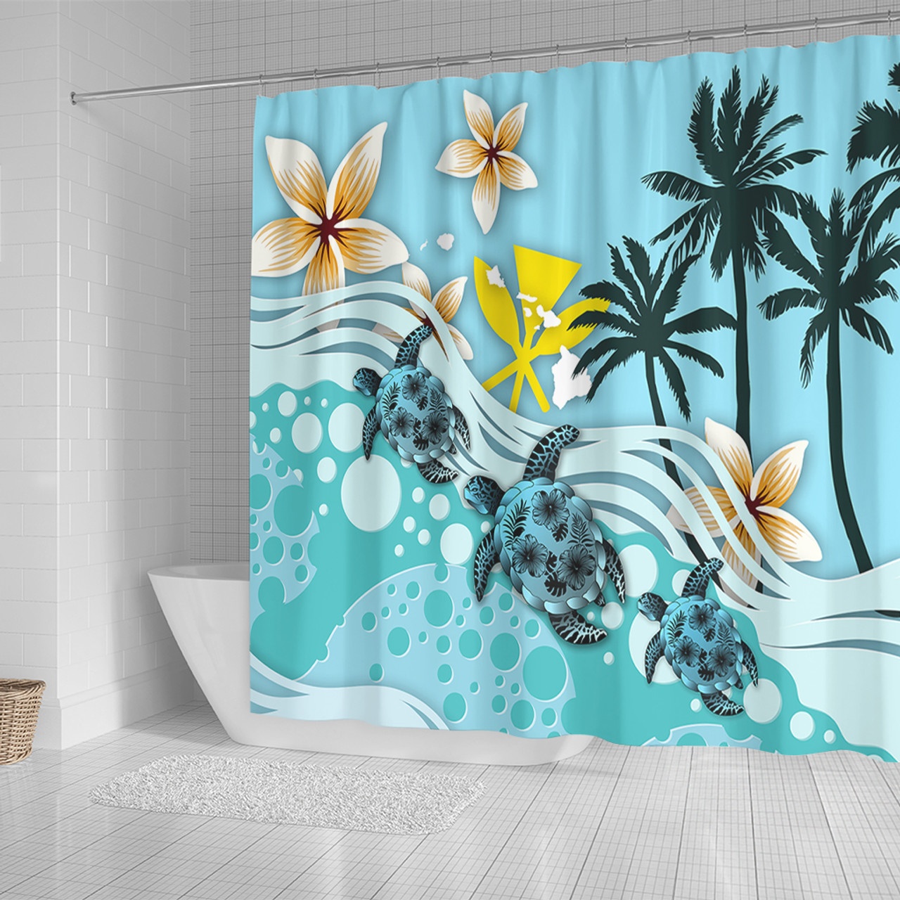 Hawaii Shower Curtain Kanaka Maoli Turte Blue Hibiscus