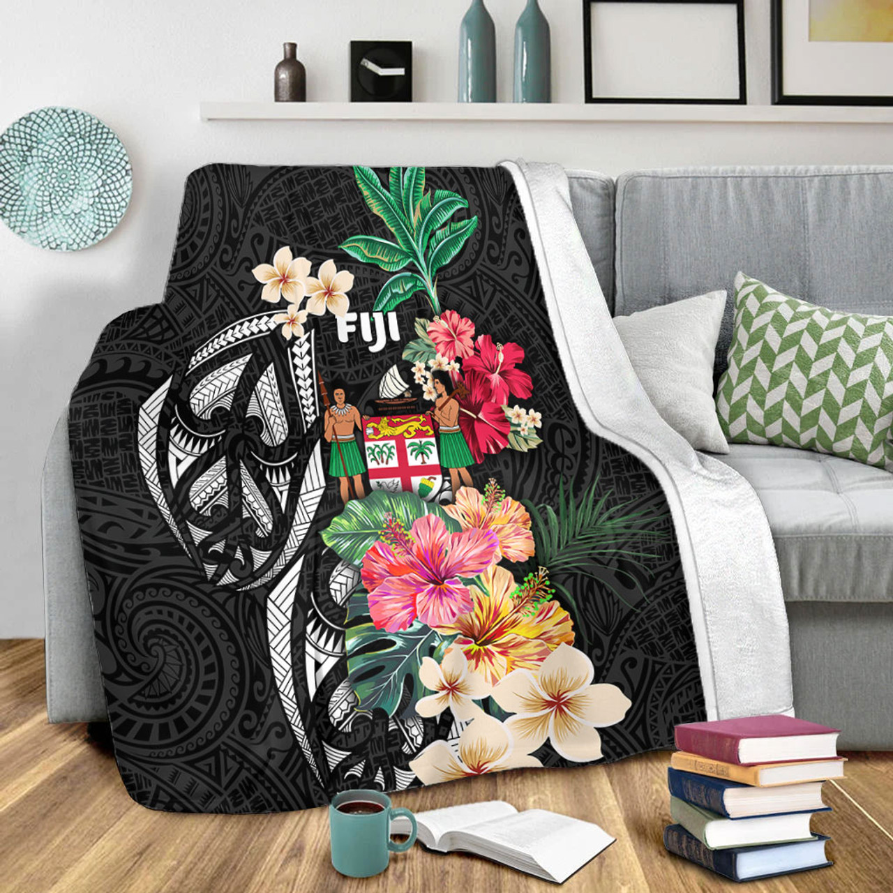 Fiji Premium Blanket Coat Of Arms Polynesian With Hibiscus