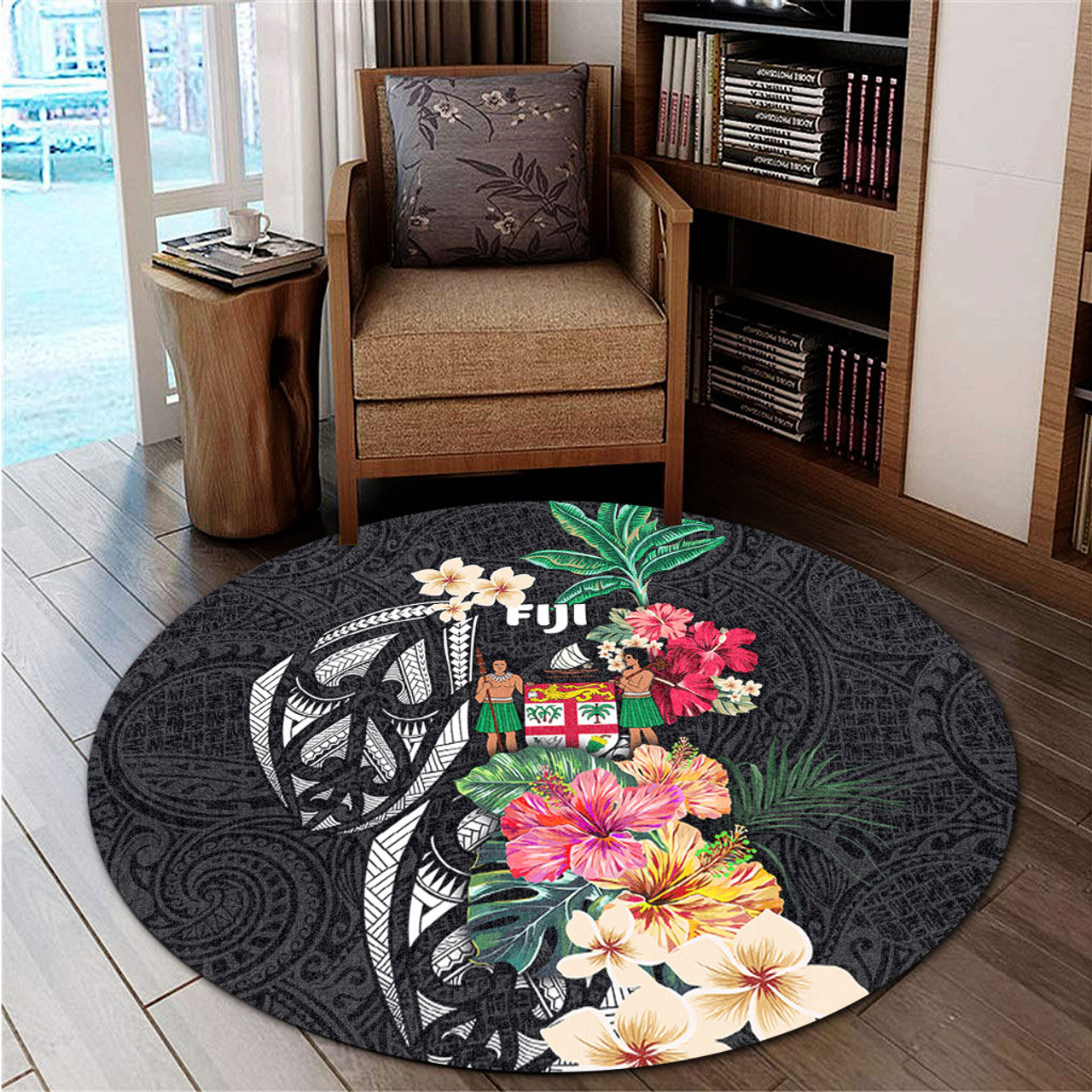 Fiji Round Rug Coat Of Arms Polynesian With Hibiscus