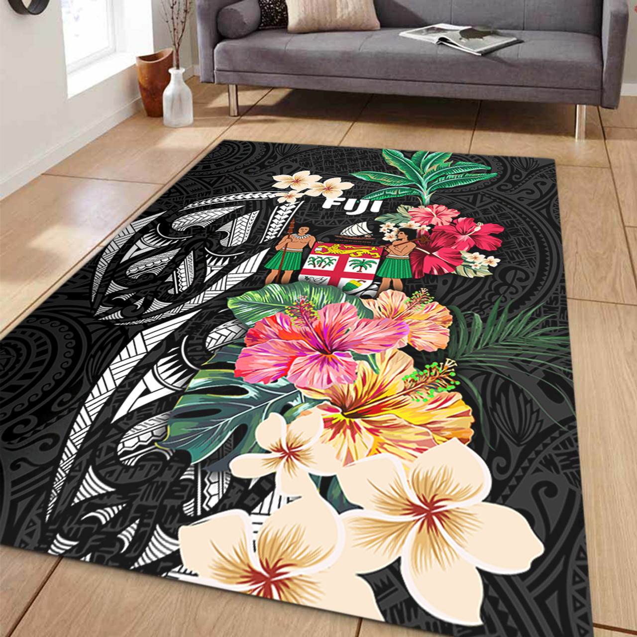 Fiji Area Rug Coat Of Arms Polynesian With Hibiscus