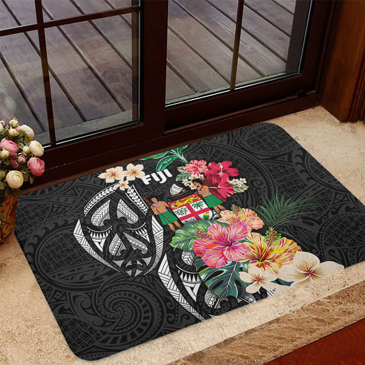 Fiji Door Mat Coat Of Arms Polynesian With Hibiscus