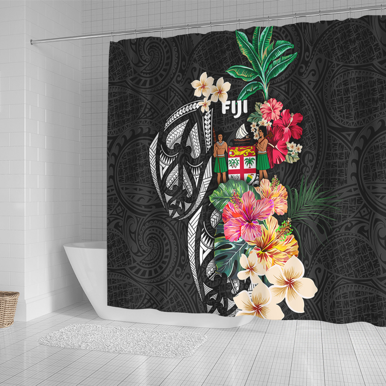 Fiji Shower Curtain Coat Of Arms Polynesian With Hibiscus