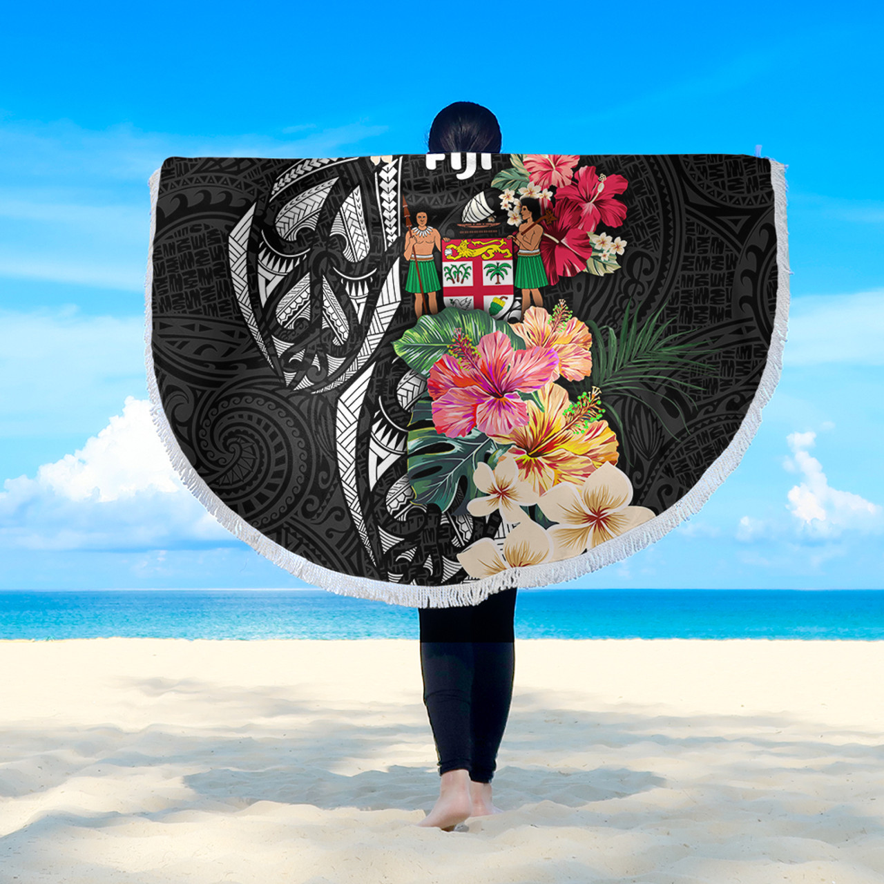 Fiji Beach Blanket Coat Of Arms Polynesian With Hibiscus