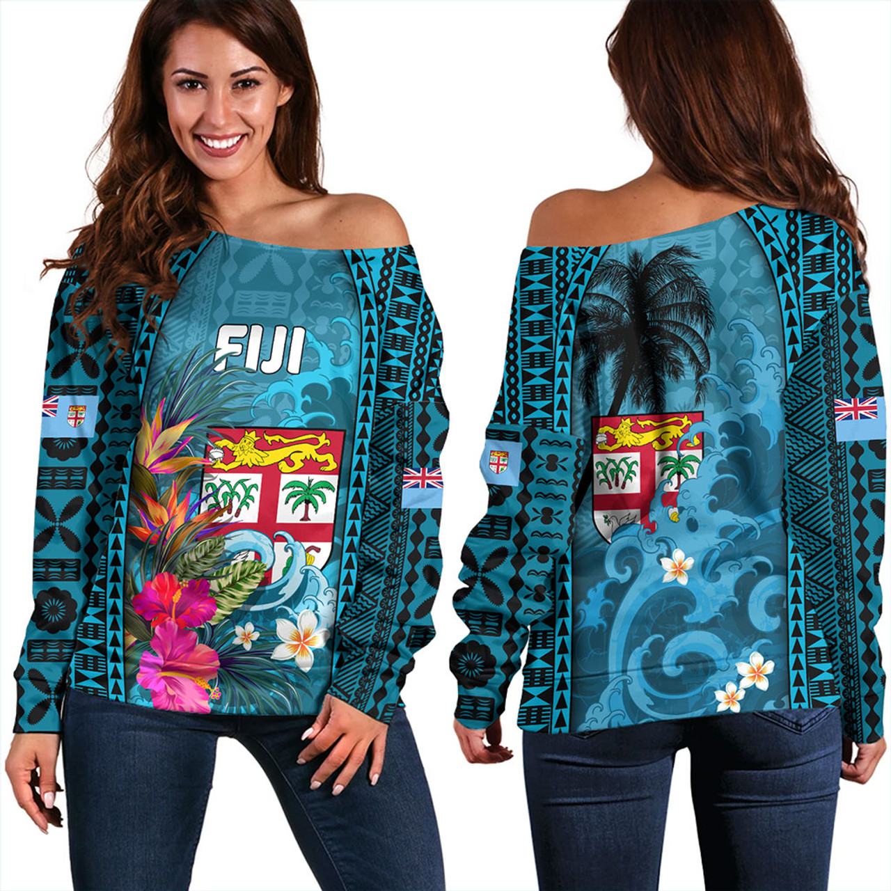 Fiji Off Shoulder Sweatshirt Bula Island Wave Tropical