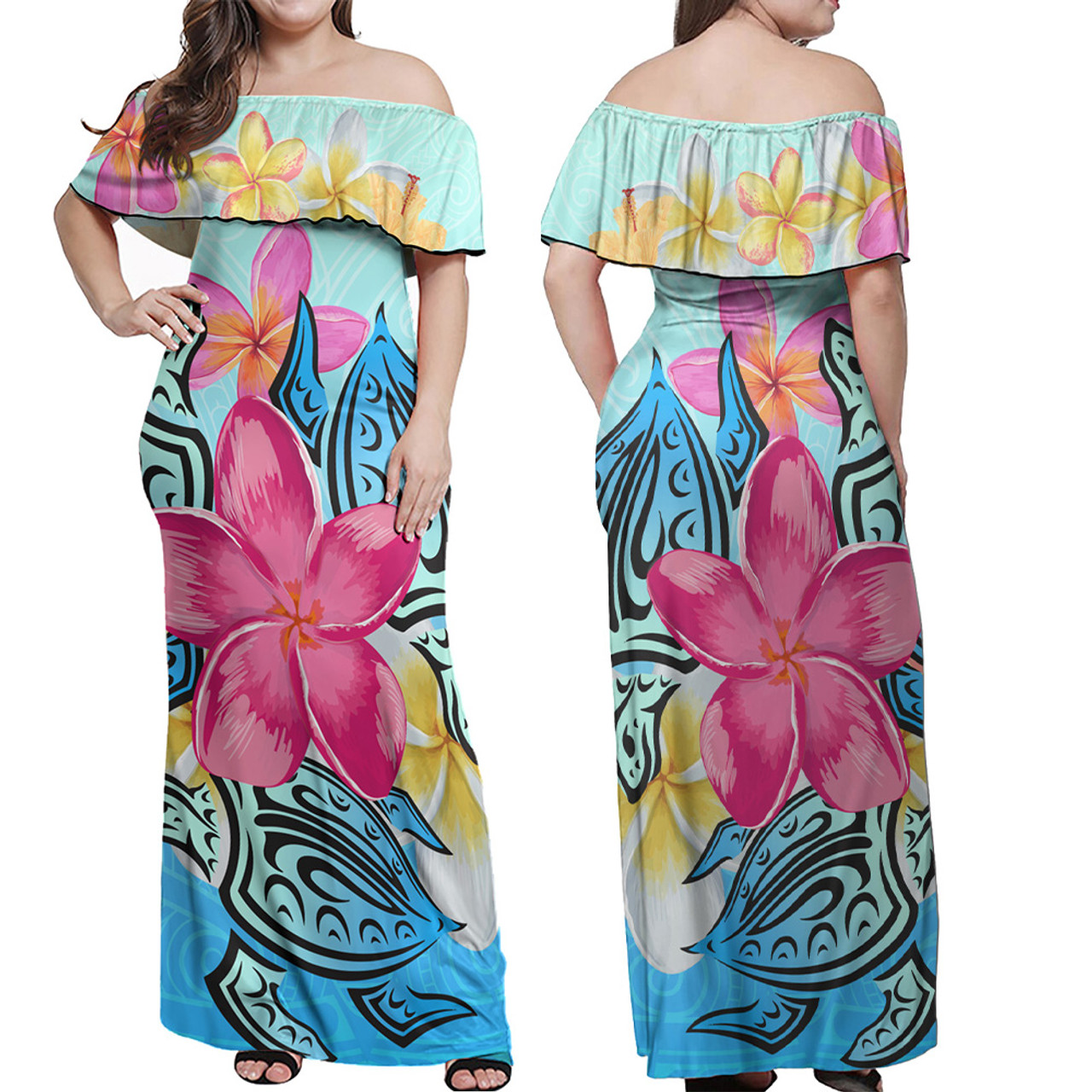 Hawaii Combo Off Shoulder Long Dress And Shirt Tropical Flowers And Turtles