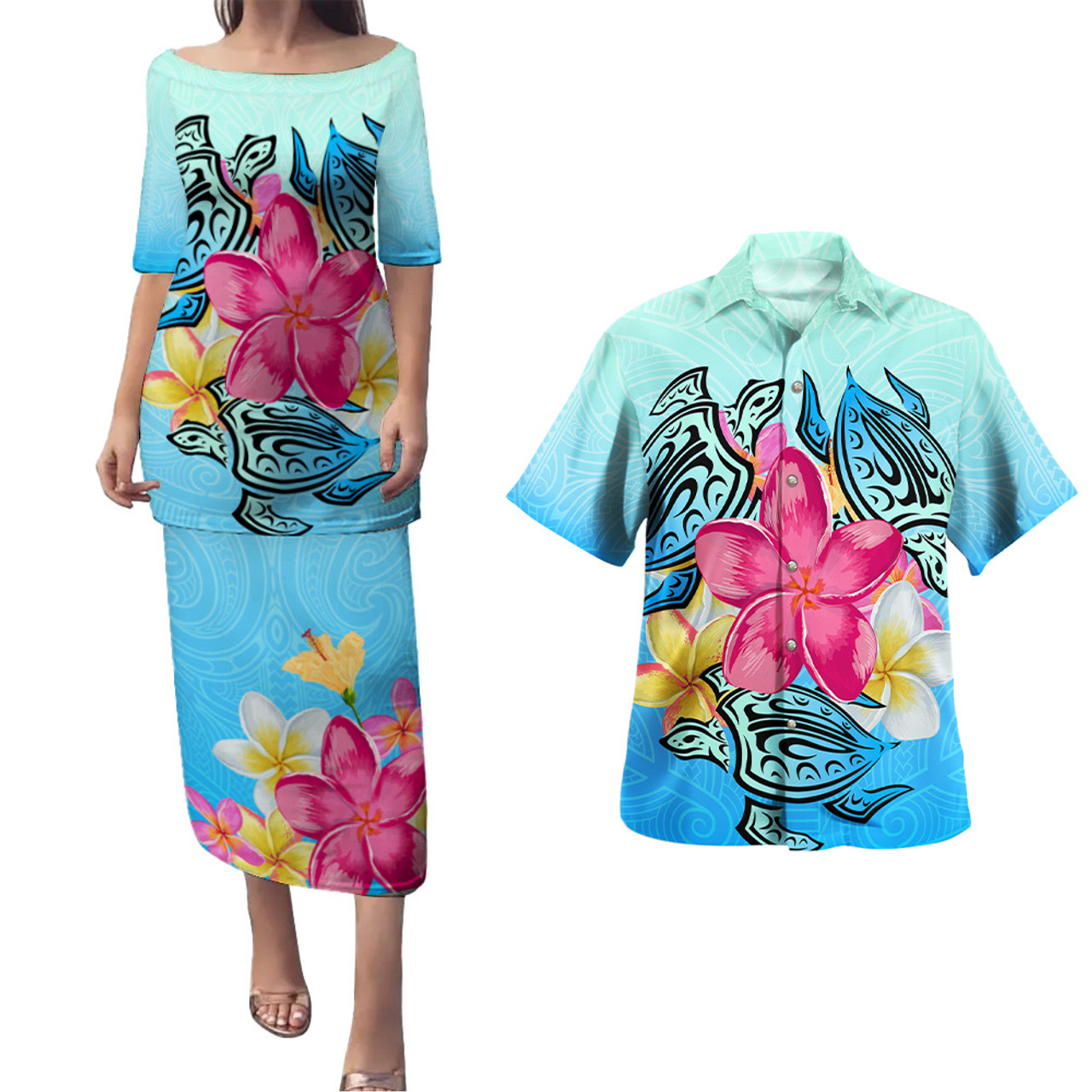 Hawaii Combo Puletasi And Shirt Tropical Flowers And Turtles
