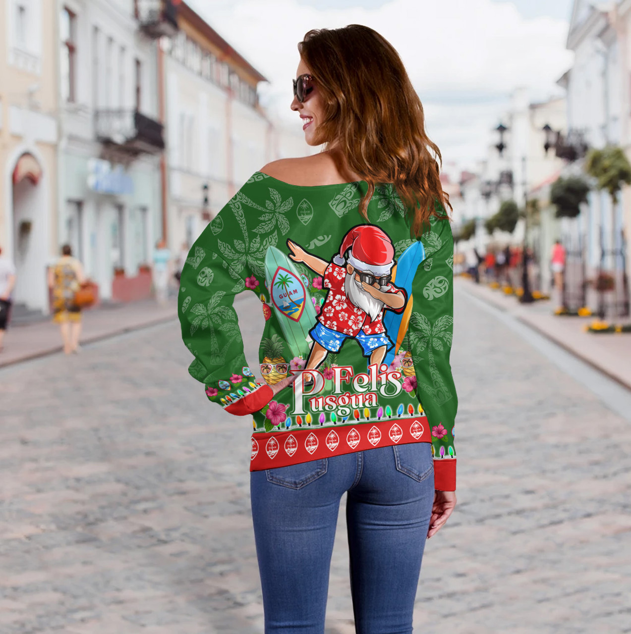 Guam Off Shoulder Sweatshirt Felis Pusgua Tropical Xmas Patterns