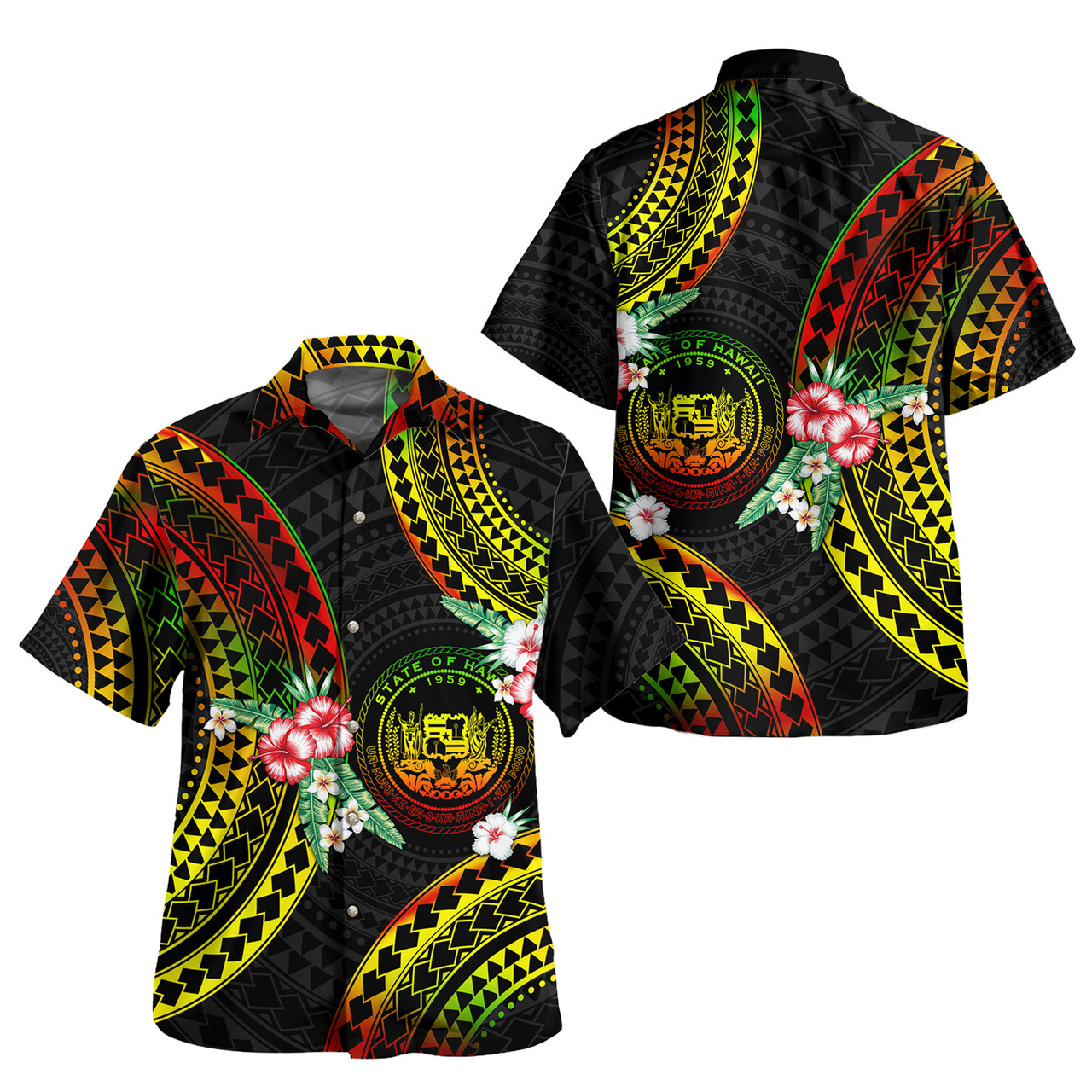 Hawaii Combo Off Shoulder Long Dress And Shirt Polynesian Pattern Reggae Color Hibiscus Flowers