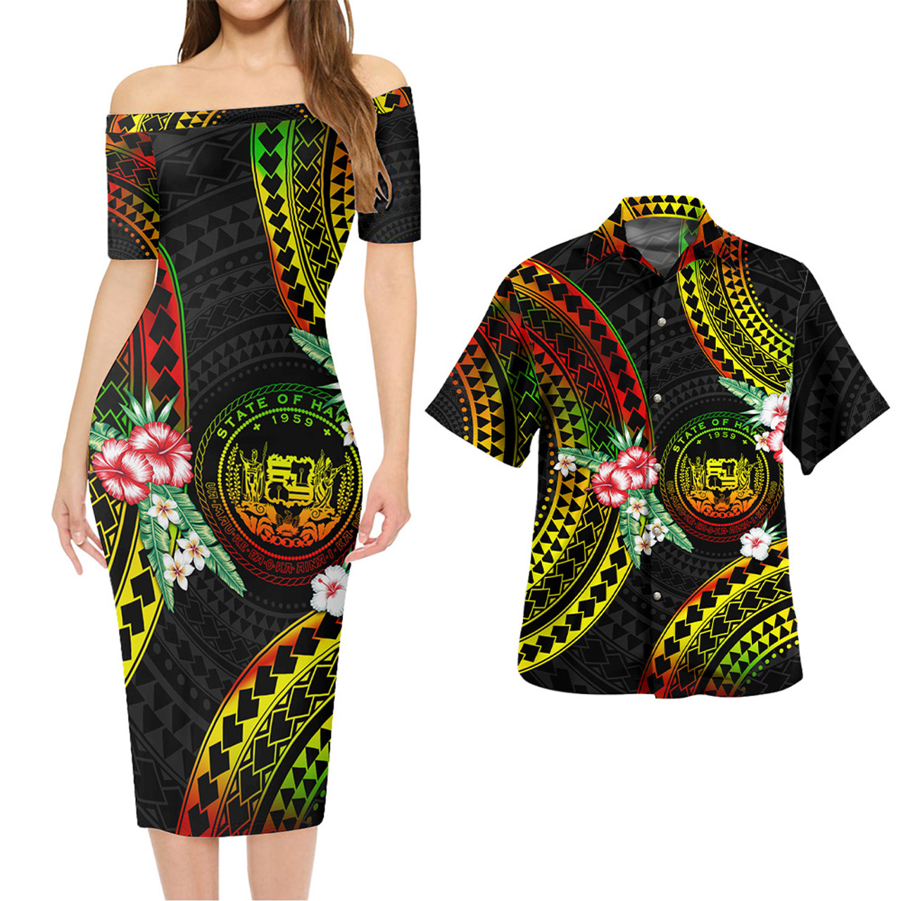 Hawaii Combo Short Sleeve Dress And Shirt Polynesian Pattern Reggae Color Hibiscus Flowers