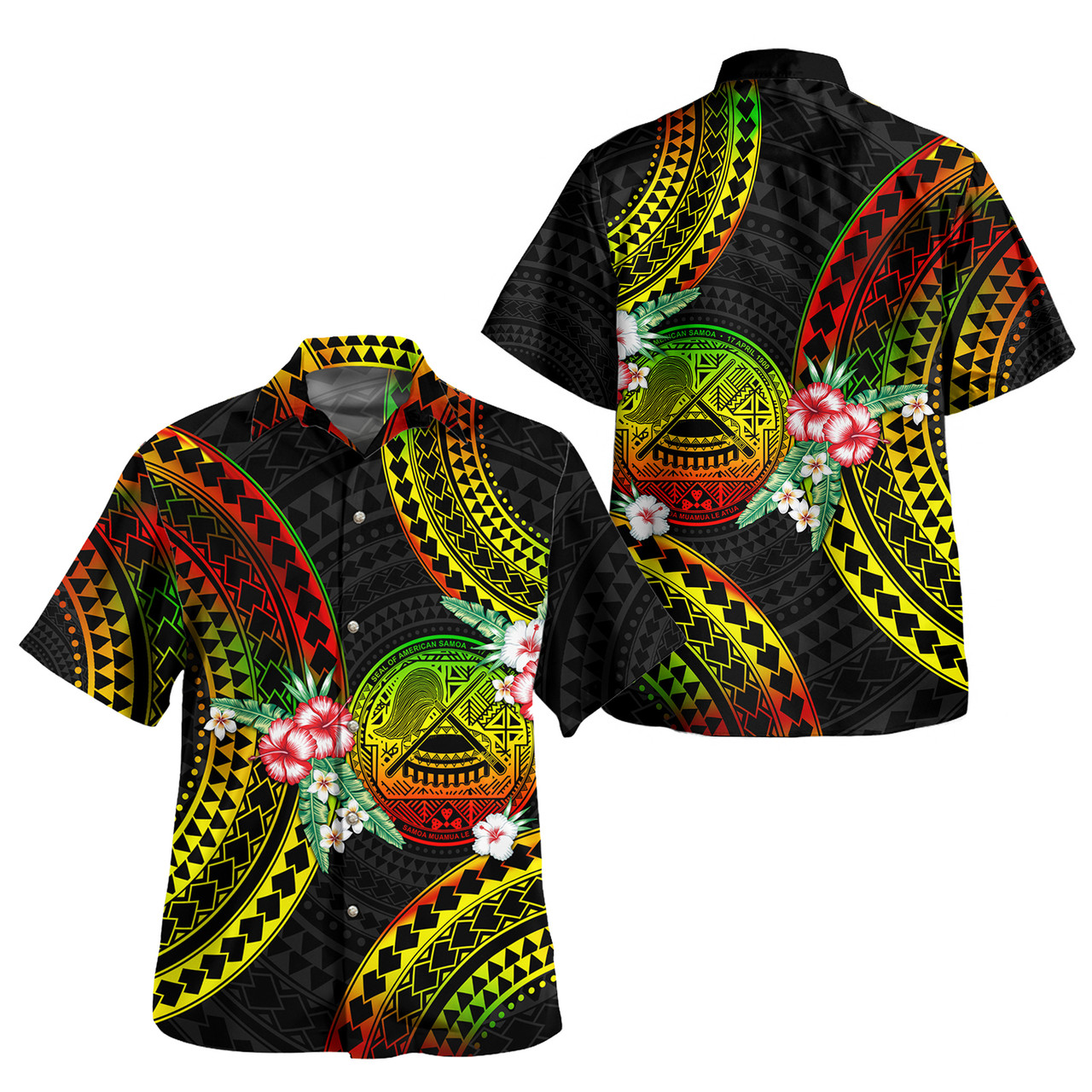 American Samoa Combo Short Sleeve Dress And Shirt Polynesian Pattern Reggae Color Hibiscus Flowers