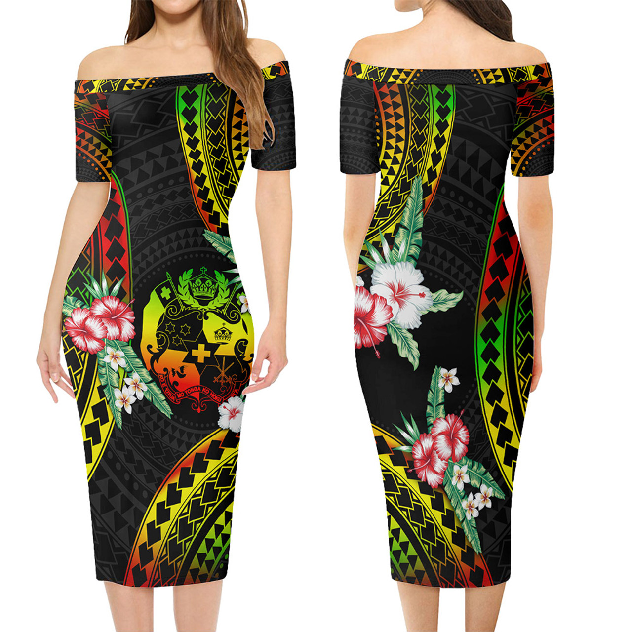 Tonga Combo Short Sleeve Dress And Shirt Polynesian Pattern Reggae Color Hibiscus Flowers