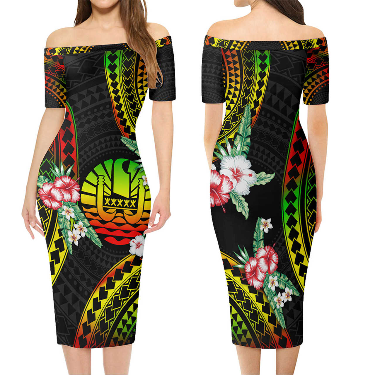 Tahiti Combo Short Sleeve Dress And Shirt Polynesian Pattern Reggae Color Hibiscus Flowers