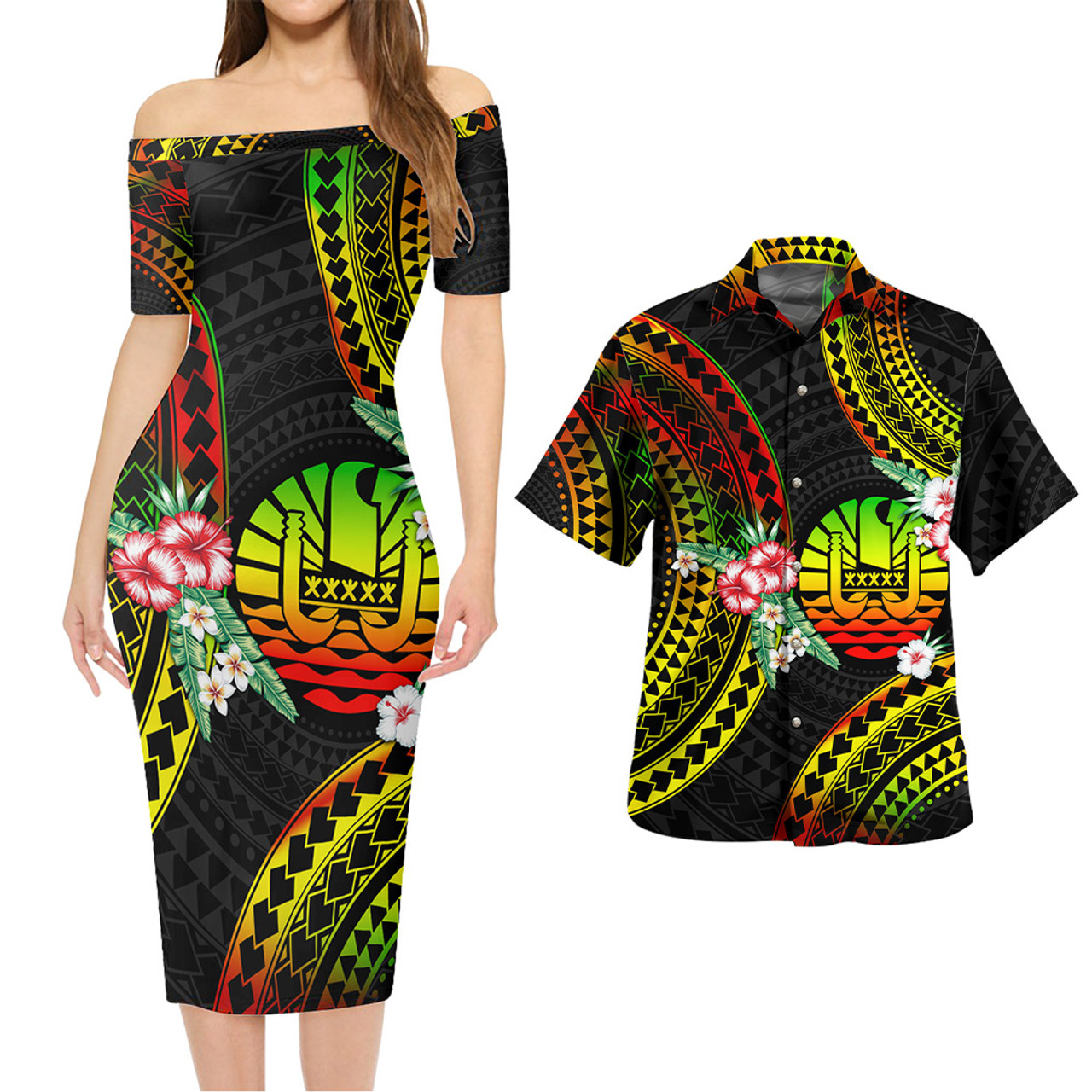 Tahiti Combo Short Sleeve Dress And Shirt Polynesian Pattern Reggae Color Hibiscus Flowers